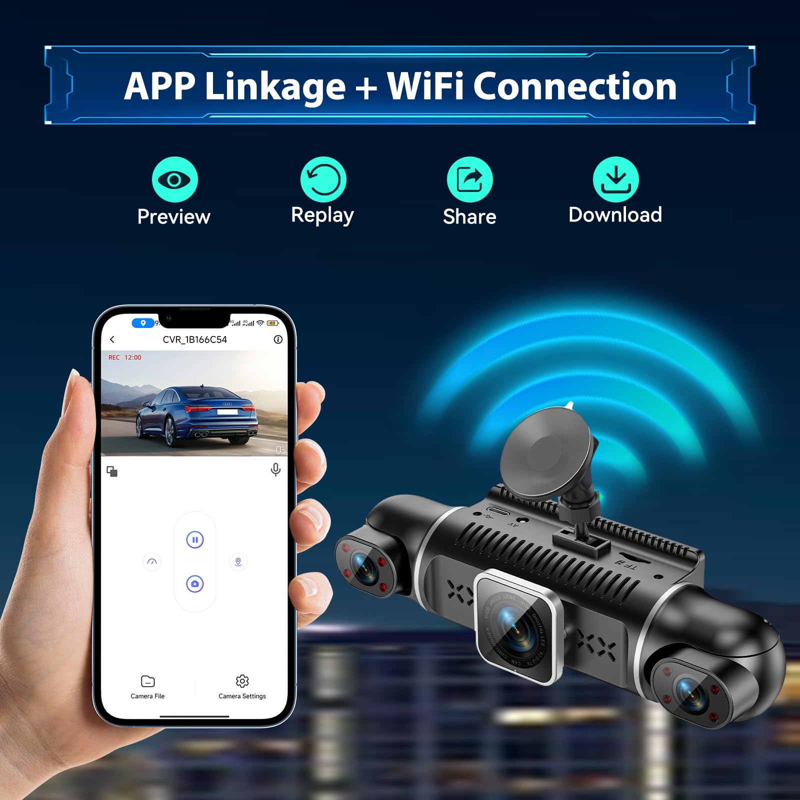 Inefala Car Driving Recorder met HD 1080P frontcamera met 3 inch scherm, 3 camera's, 4-kanaals G-sensor bewegingsdetectielus 24-uurs rijregistratie parkeermodus, 64G SD-kaart