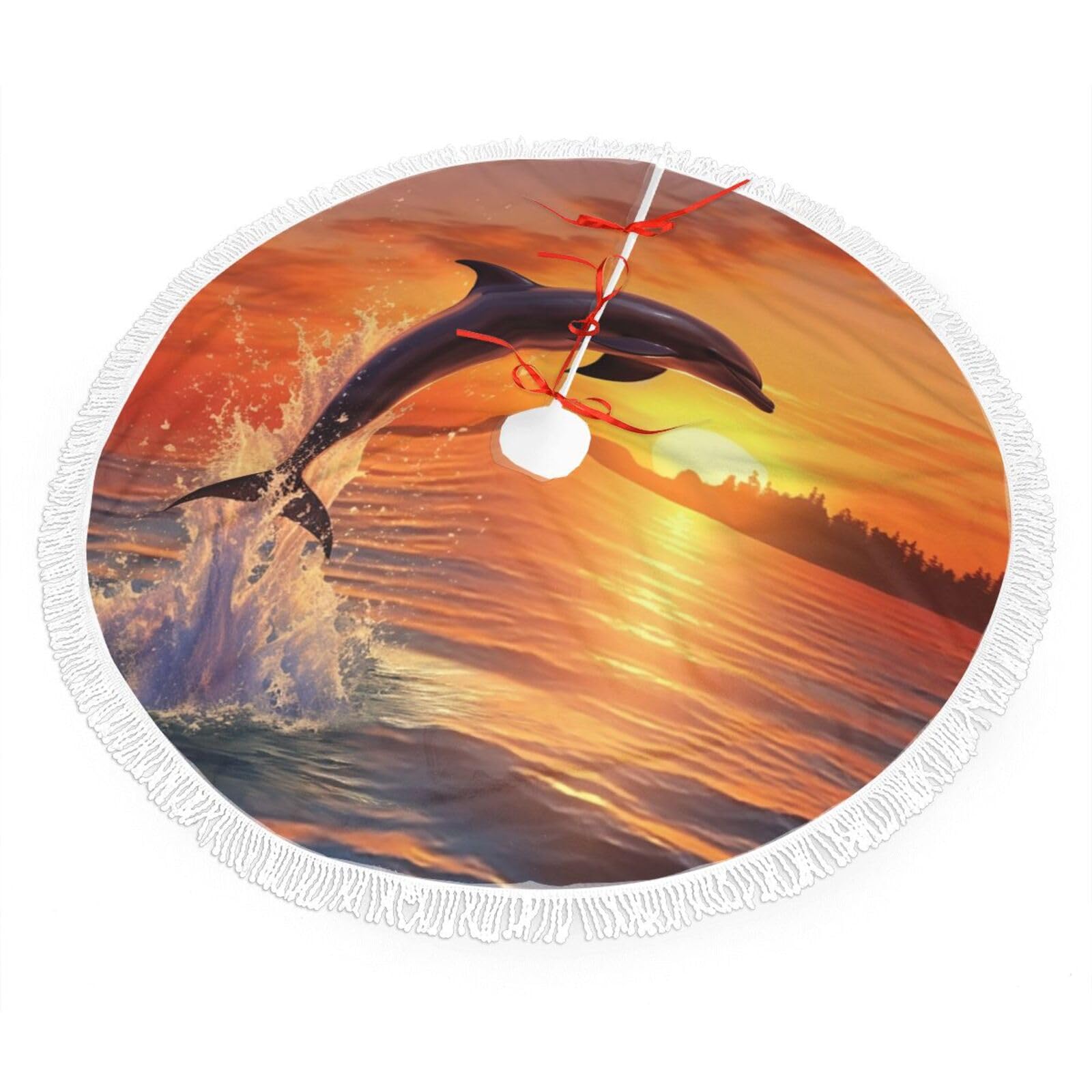 Sunset Dolphin Christmas Tree Skirt 36", Soft Plush Xmas Tree Carpet with Tassel Christmas Ornaments Winter Holiday Tree Mat Decoration for Home Party Supplies