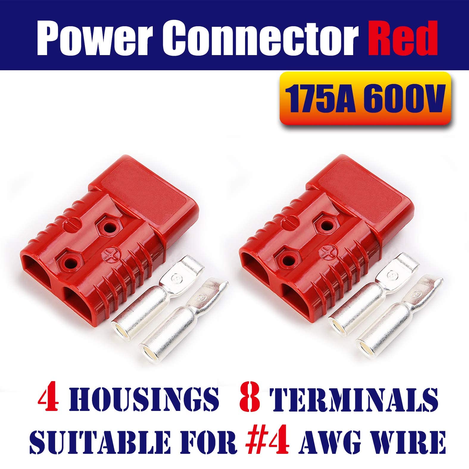 Mr.Brighton LED 175Amp Anderson Compatible 2 Pole Power Connector Plug Red w/Terminals for #4 AWG Wire[4 housing+8 Terminal pins]