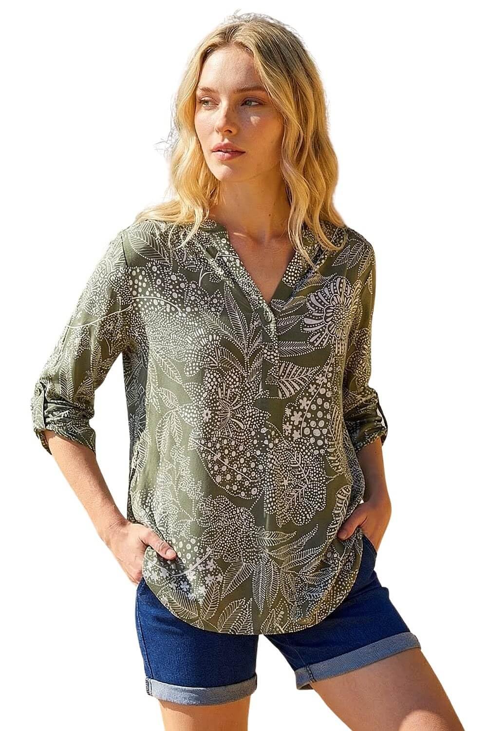 Roman Originals Women's Floral Puff Sage Roman Shirt For Uk Top Collarless Blouse Stretchy Tunic Smart Casual Autumn Winter Jersey 3/4 Length Sleeve Notch V Neck Flattering Office Work - Size 20