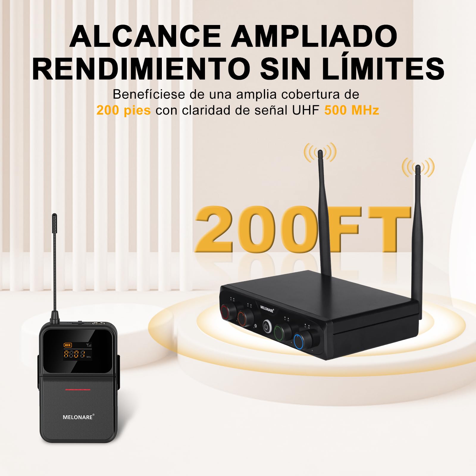 MELONARE Sistema de micrófono inalámbrico UHF Compacto MWM-41-4B | 4 micrófonos de diadema/solapa, 4 x 10 frecuencias, alcance de 60 m, manos libres para voz, iglesia, conferencia