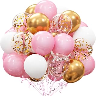 OuMuaMua 60Pcs Pink Gold Confetti Latex Balloons Kit - 12 Inch Helium Balloons for Wedding, Birthday, Baby Shower, Proposal Parties