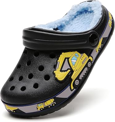 SECHRITE Toddler Kids Lined Clogs Garden Shoes with Fuzzy Fur Cartoon Slip On Mules Boys Girls Winter Warm Home Slippers Indoor Outdoor