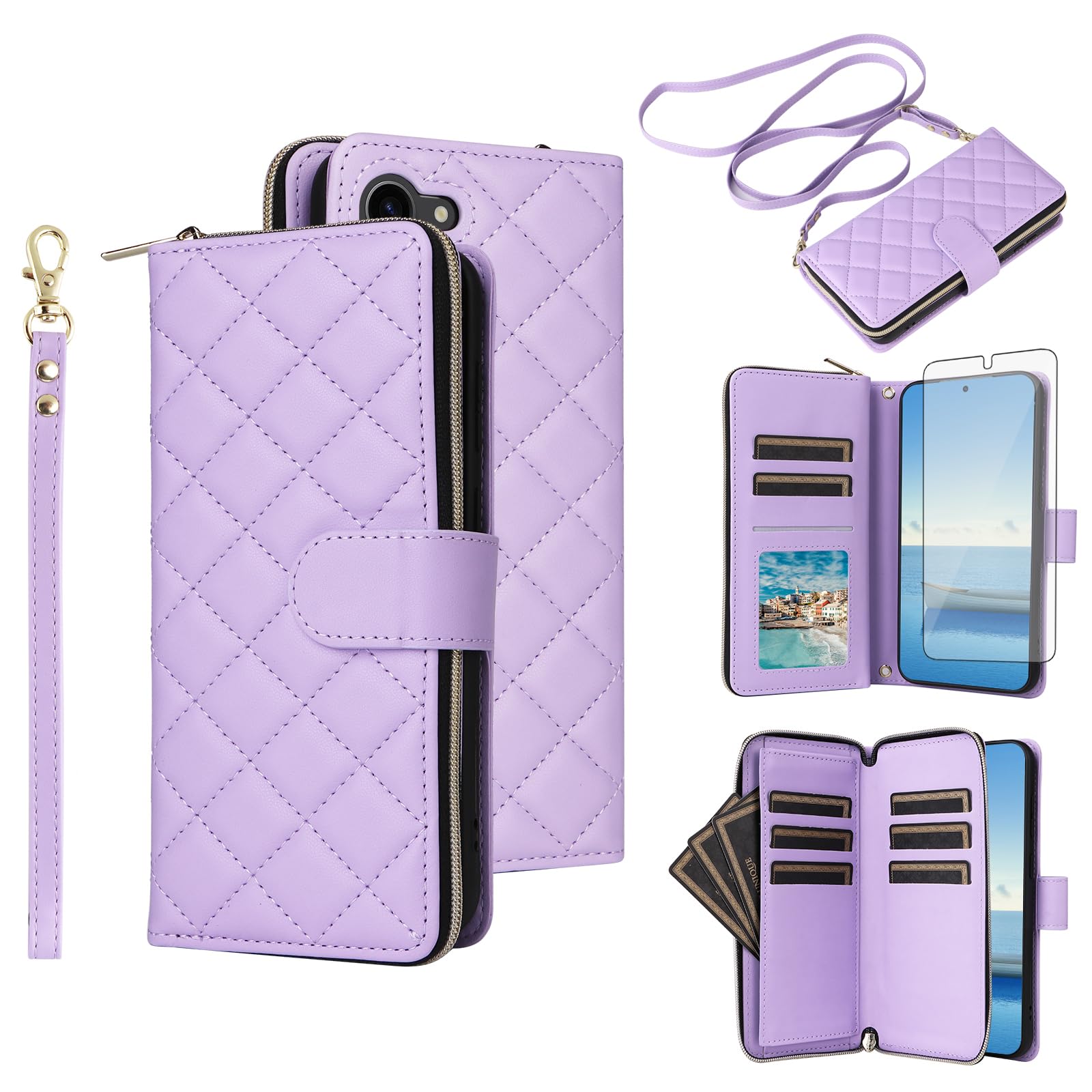 Asuwish Phone Case for Samsung Galaxy S23 5G Wallet Cover with Tempered Glass Screen Protector Strap Card Holder Stand PU Leather Flip Cell Zipper S