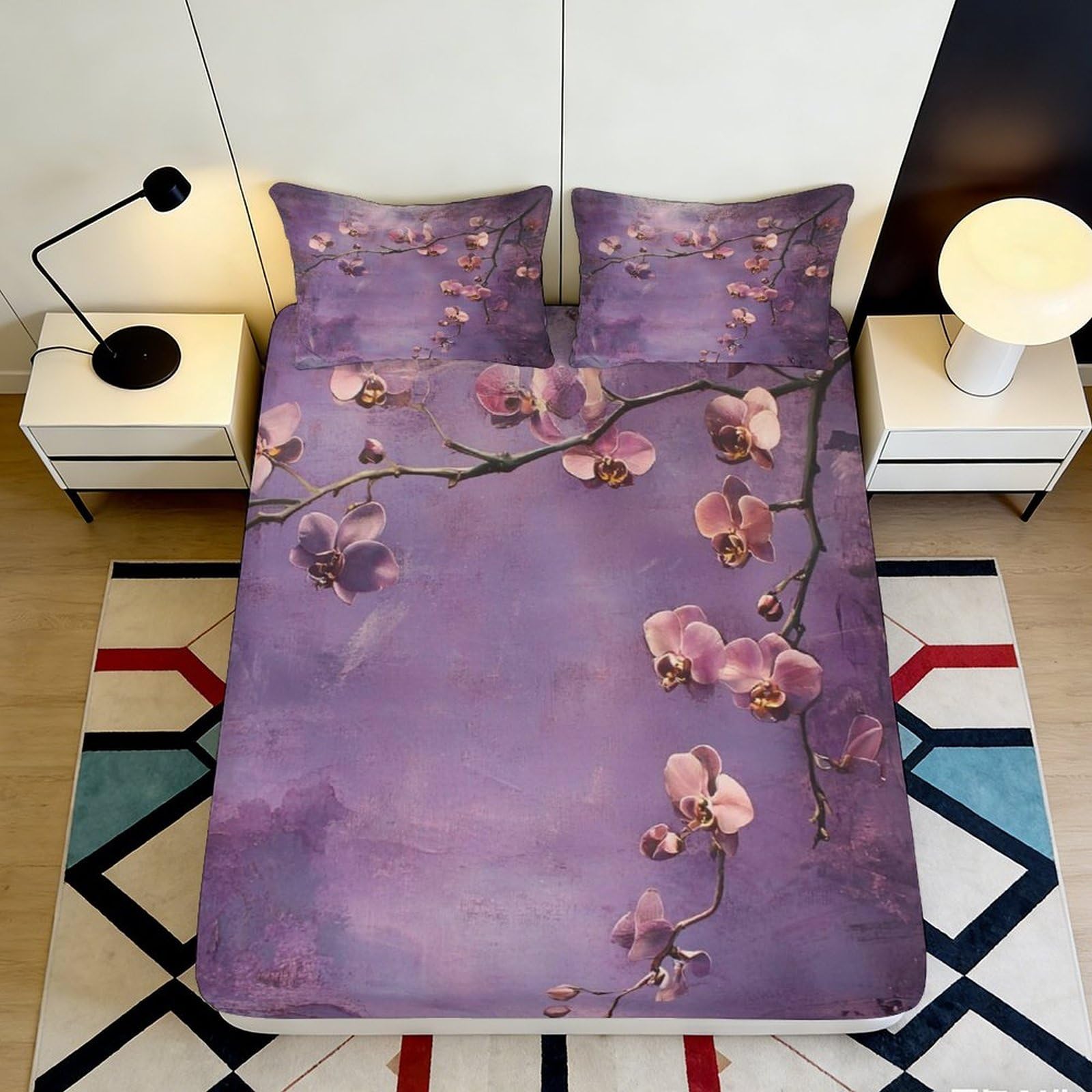 3D Printed Purple Sakura Fitted Sheet Microfiber Deep Pocket Non-Slip Bedroom Bedding Sakura Mattress Fitted Cover 200x200x25cm