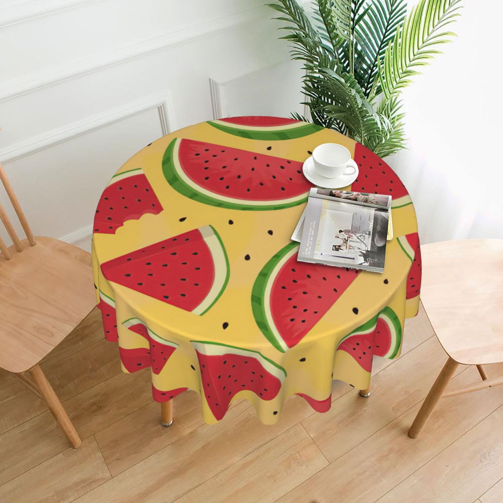Zcmkjlg Yellow and Watermelons Print Quick Ship Round Tablecloth 60in Polyester Washable Cover for Dining Room