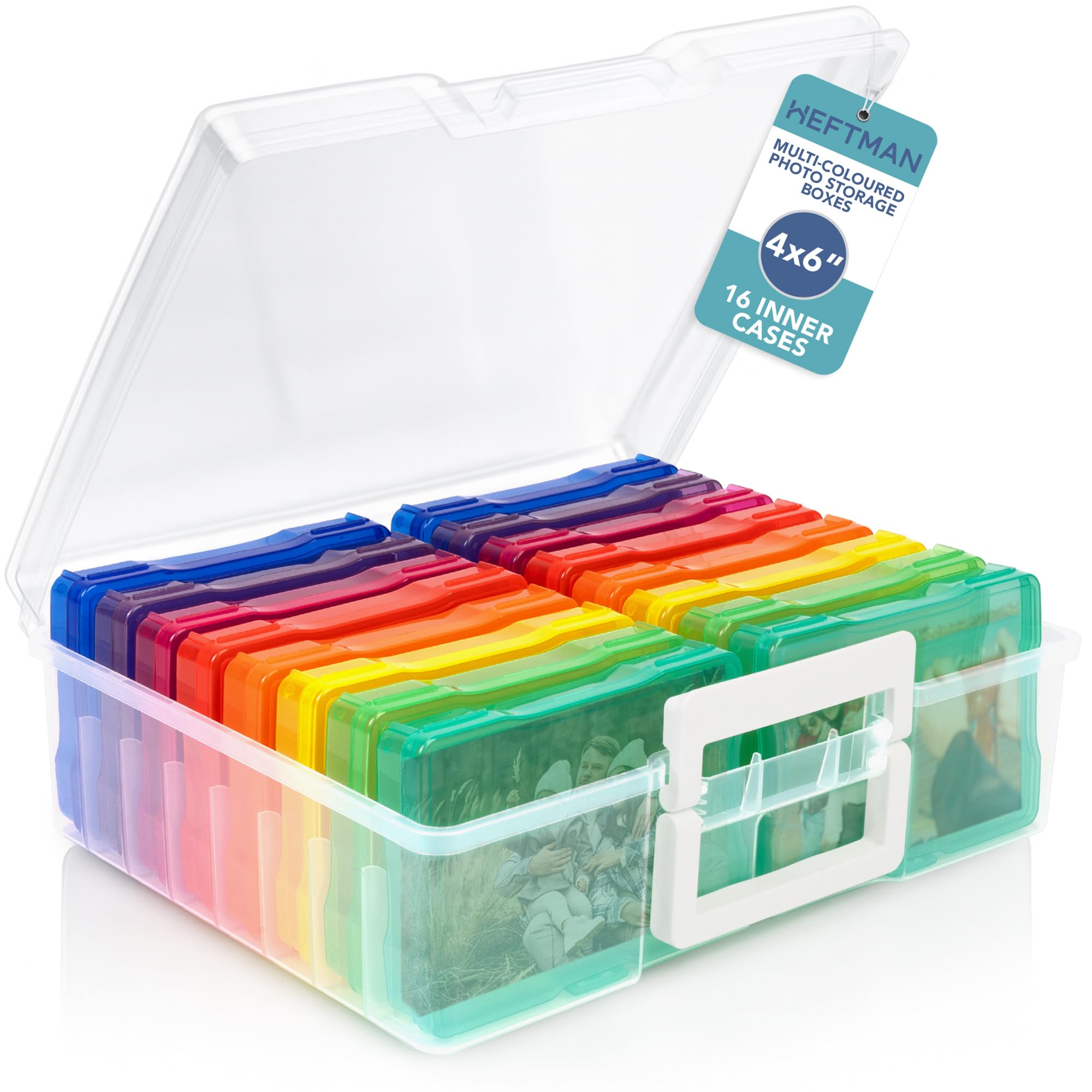 HEFTMAN 4 x 6 scatole per foto arcobaleno – scatola trasparente per foto con 16 scatole interne per foto, contiene 1600 foto