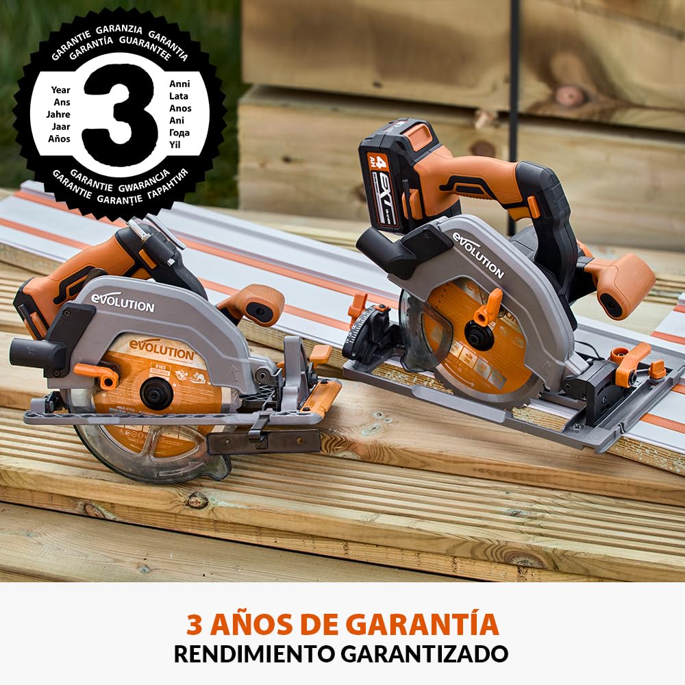 Evolution Power Tools R185CCSX-Li Sierra circular sin cable compatible con carril 18v Li-Ion EXT Incluye hoja multi-material TCT, corta madera, metal, plástico, batería y cargador incluidos, 185mm