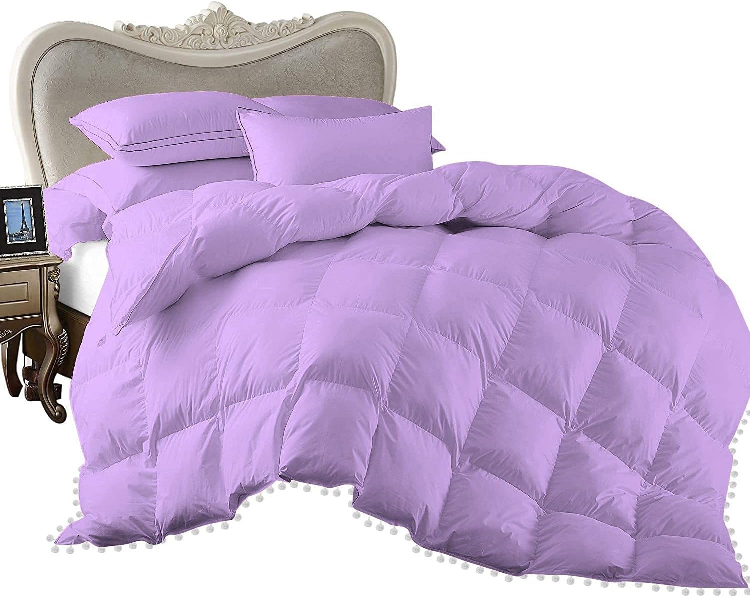 All Seasons 1 Piece Beautiful Looking Pom Pom Box Design Comforter 800 Thread Count 100% Egyptian Cotton, White Vintage Pom-Pom Fringe Super Soft (Oversized Super King Size Lilac Color)