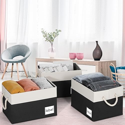 Miniatura 2 de ASXSONN Contenedores de almacenamiento paquete de 3 contenedores de almacenamiento para armario con etiqueta y asas de cuerda de algodón cestas de