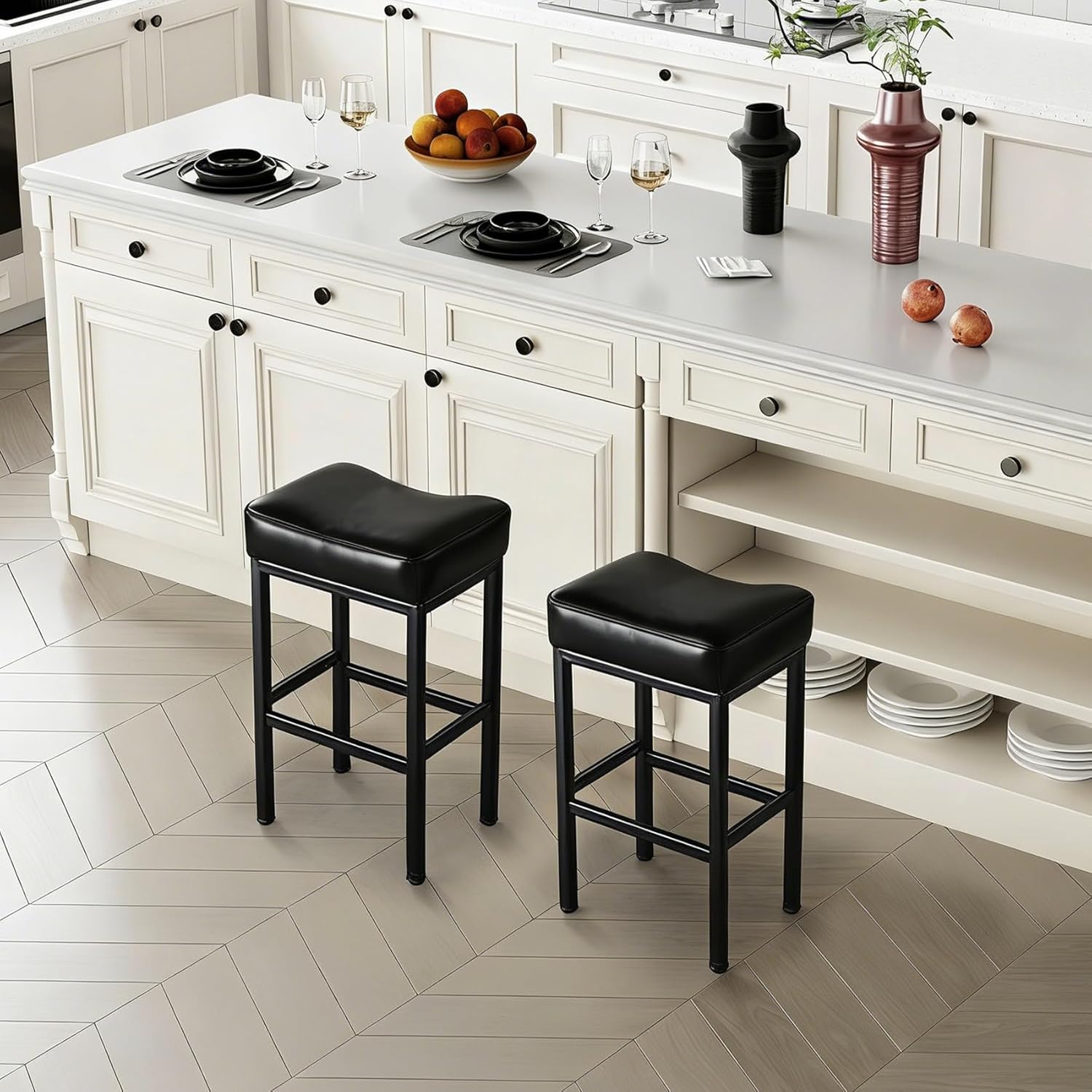 Counter Height Bar Stools Set of 4, 26 Inch Backless Saddle Barstools for Kitchen Island Counter, Modern PU Leather Barstools with Thick Saddle Seats & Heavy Duty Metal Legs, Brown
