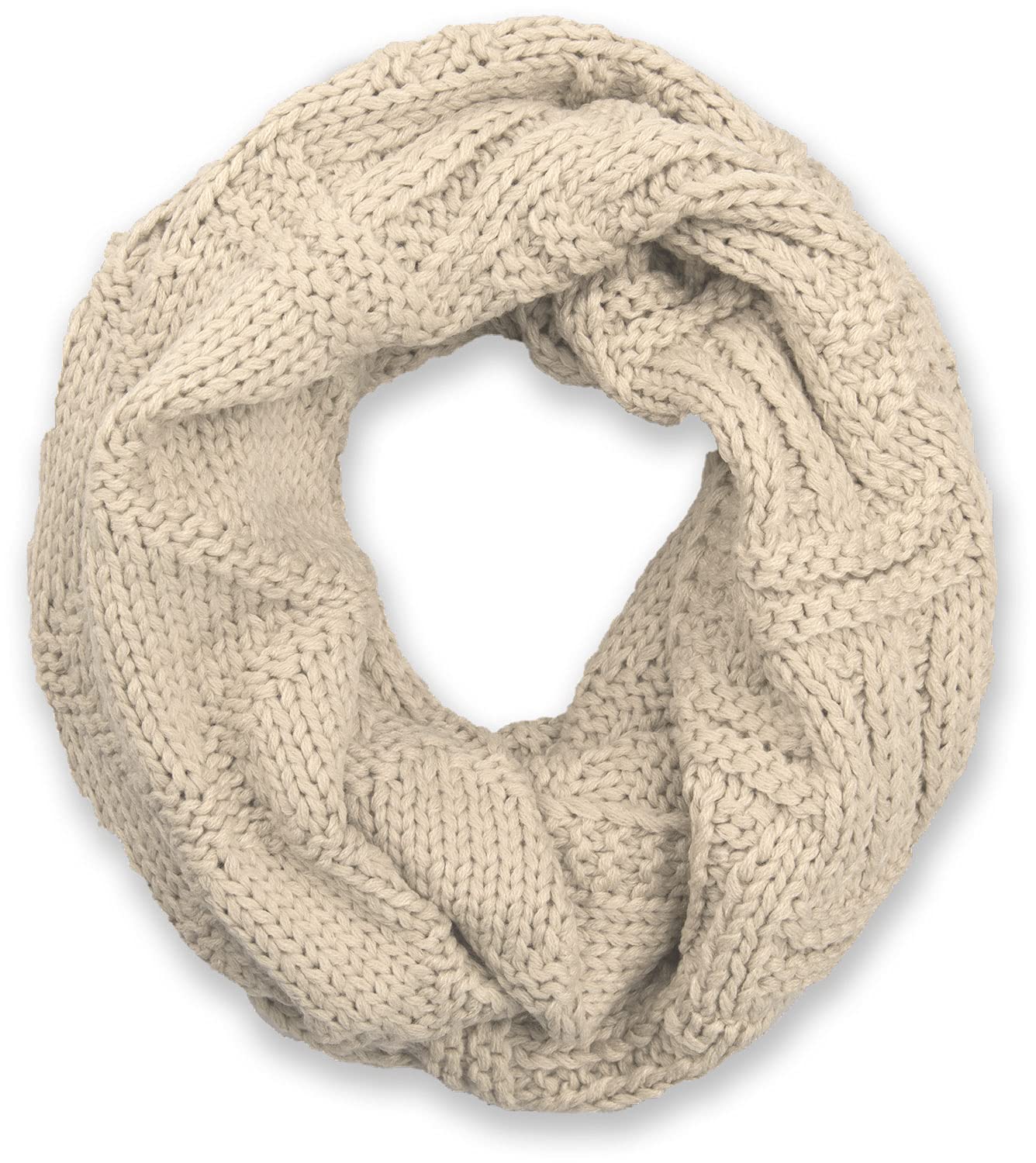 Stylebreaker Women's Beige Knit Loop Scarf With Grid And Rib Pattern, Single-Colour Fine-Knit Snood, Winter Knit Scarf, Unisex 01018155, Colour: