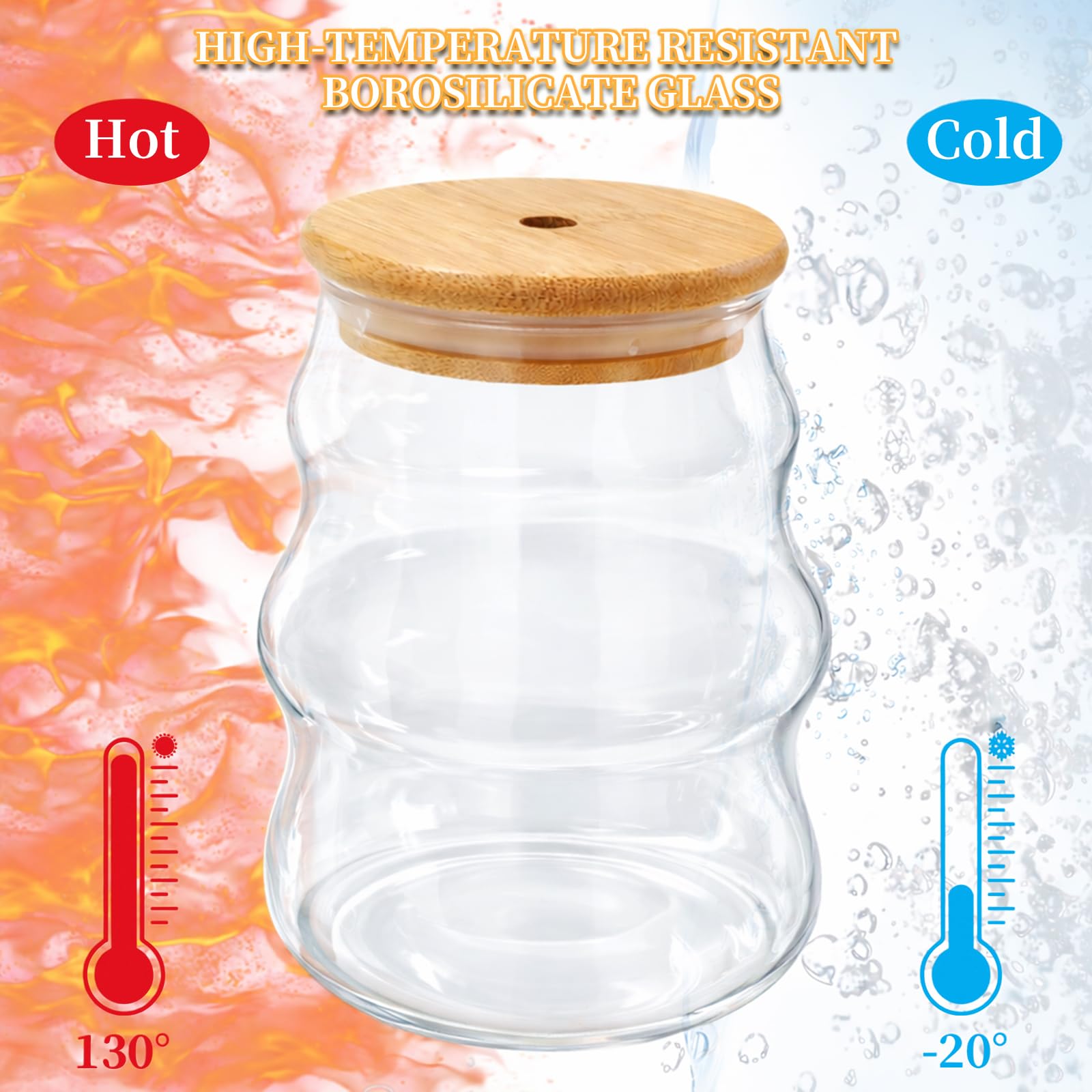 Set di 2 Bicchieri a Bolle in Vetro Ondulato 530 ml con Coperchio, Cannuccia in Vetro e Spazzola, Ideali per Latte Macchiato, Cappuccino, Caffè Freddo e Cocktail