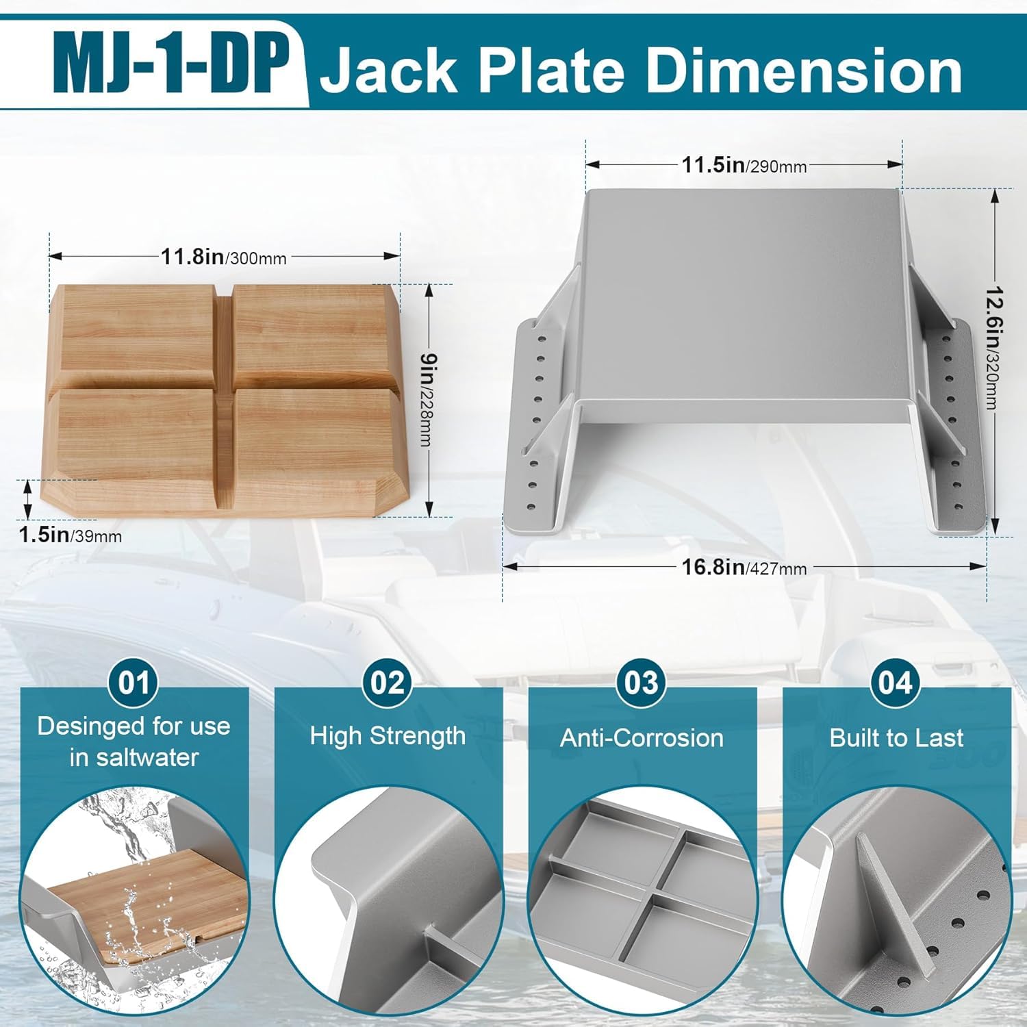 MJ-1-DP Mini płyta podnośnika z 10 cm cofnięciem, pasuje do silnika zaburtowego do 35 KM, odlew aluminiowy z montażową podkładką drewnianą
