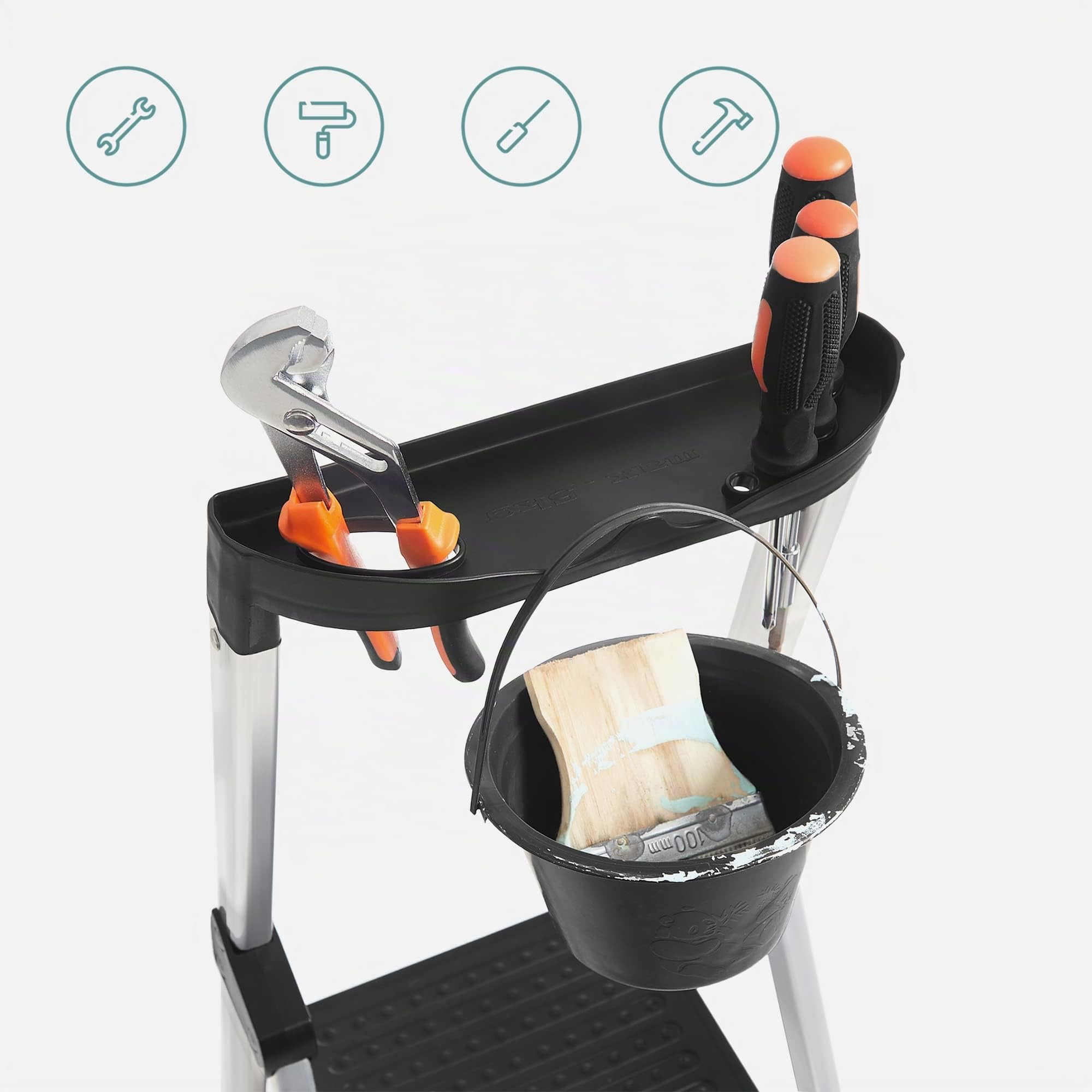 SONGMICS Escalera de 5 Peldaños, Escalera de Aluminio con Peldaños de 13 cm de Ancho, Antideslizante, Carga de 150 kg, Negro y Naranja GLT05BK | Peldaños antideslizantes de 13 cm de ancho, cumple con la norma EN 131, negro y naranja GLT05BK