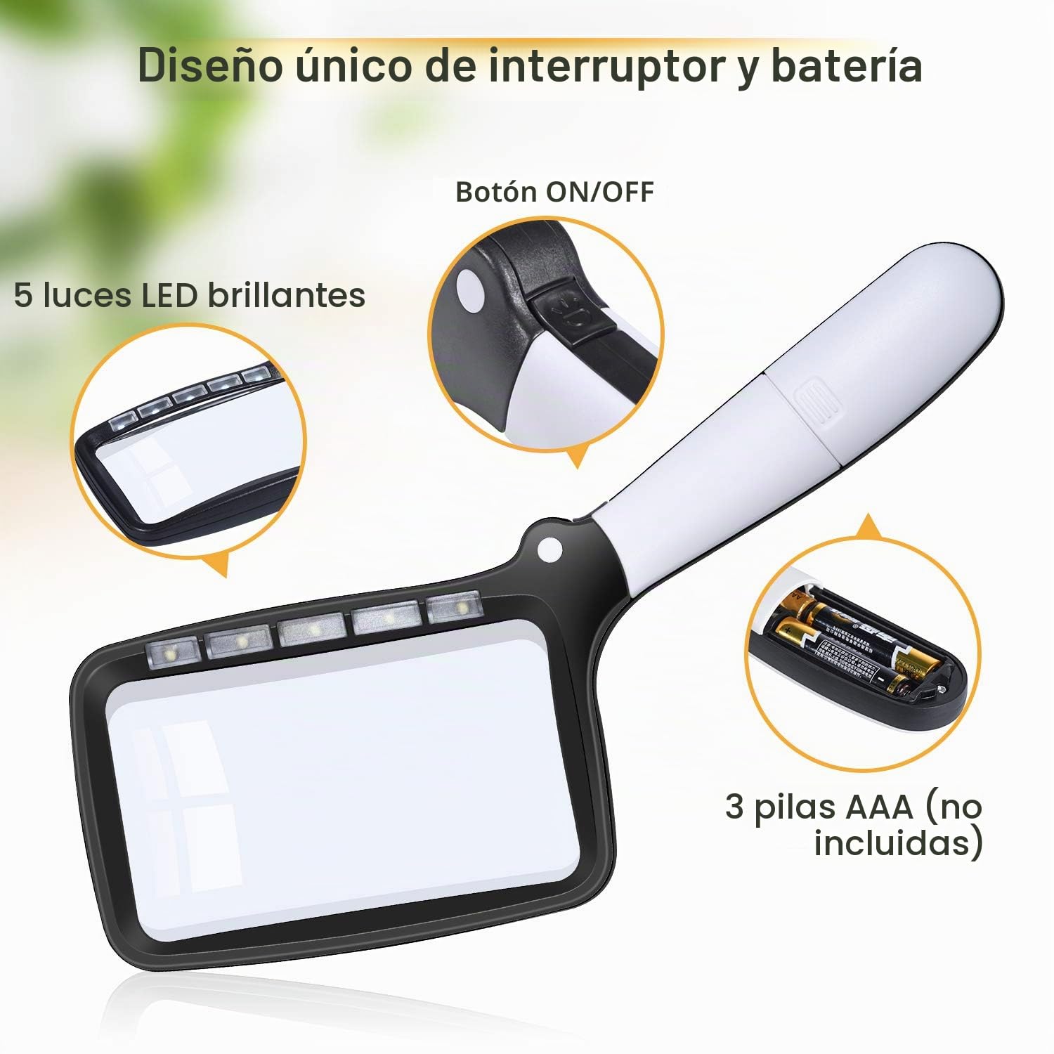 Kaome Lupa rectangular con lupa de luz, grande, plegable, de mano, 5 LED, 2 modos de atenuación, 2 modos de lectura para personas mayores, libros de baja visión, periódicos y mapas de joyería