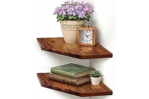 Set of 2 Solid Acacia Wood Corner Wall Mount Shelves
