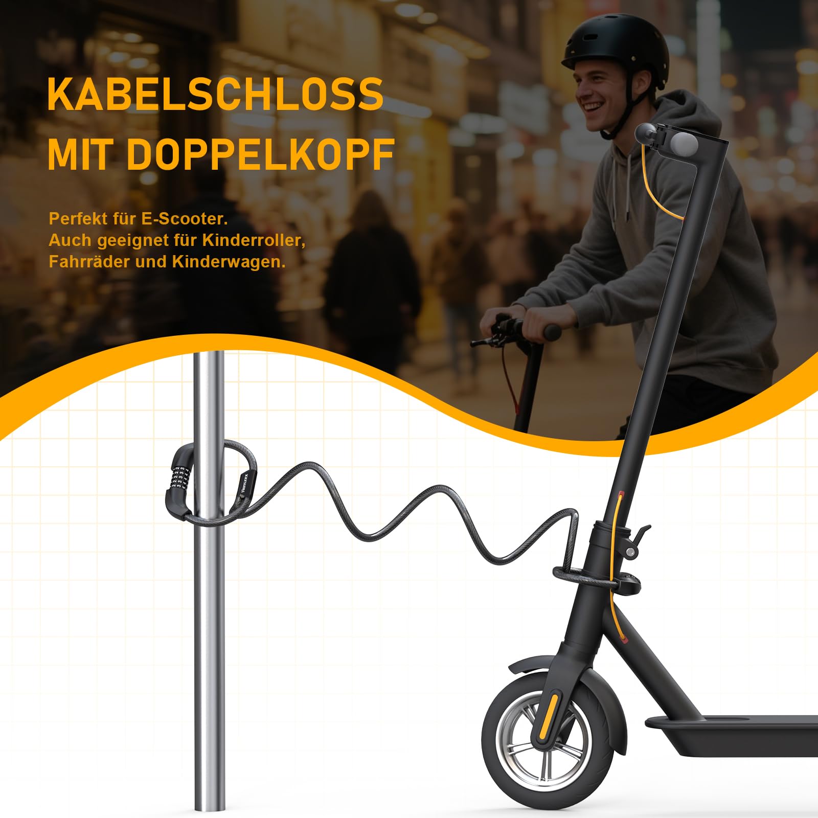 E Scooter Schloss, 5-stellig Kabel Schloss für E Scooter/Roller, Handschellenschloss, Zahlenschloss-Doppelschloss, Fahrradschloss, 105cm x 12mm, E Scooter Zubehör