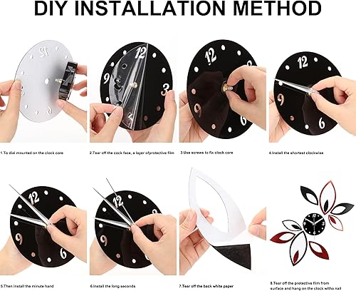 Miniatura 3 de Toprate reloj de pared con espejo, decoración de pegatinas con hojas romboides rojas y negras