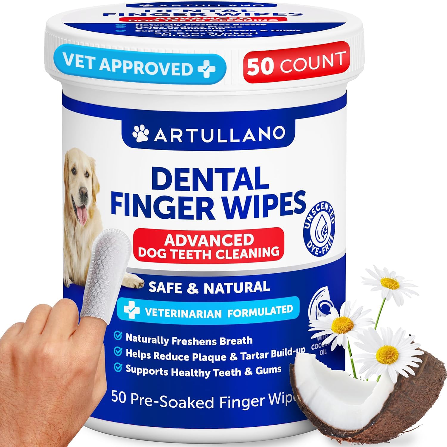 Dog Teeth Cleaning Wipes - 50 Dog Dental Care Finger Wipes - Finger Toothbrush for Removing Plaque, Tartar Buildup, Bad Breath - Oral Freshness, Healthy Teeth & Gum Support with Coconut Oil, Unscented