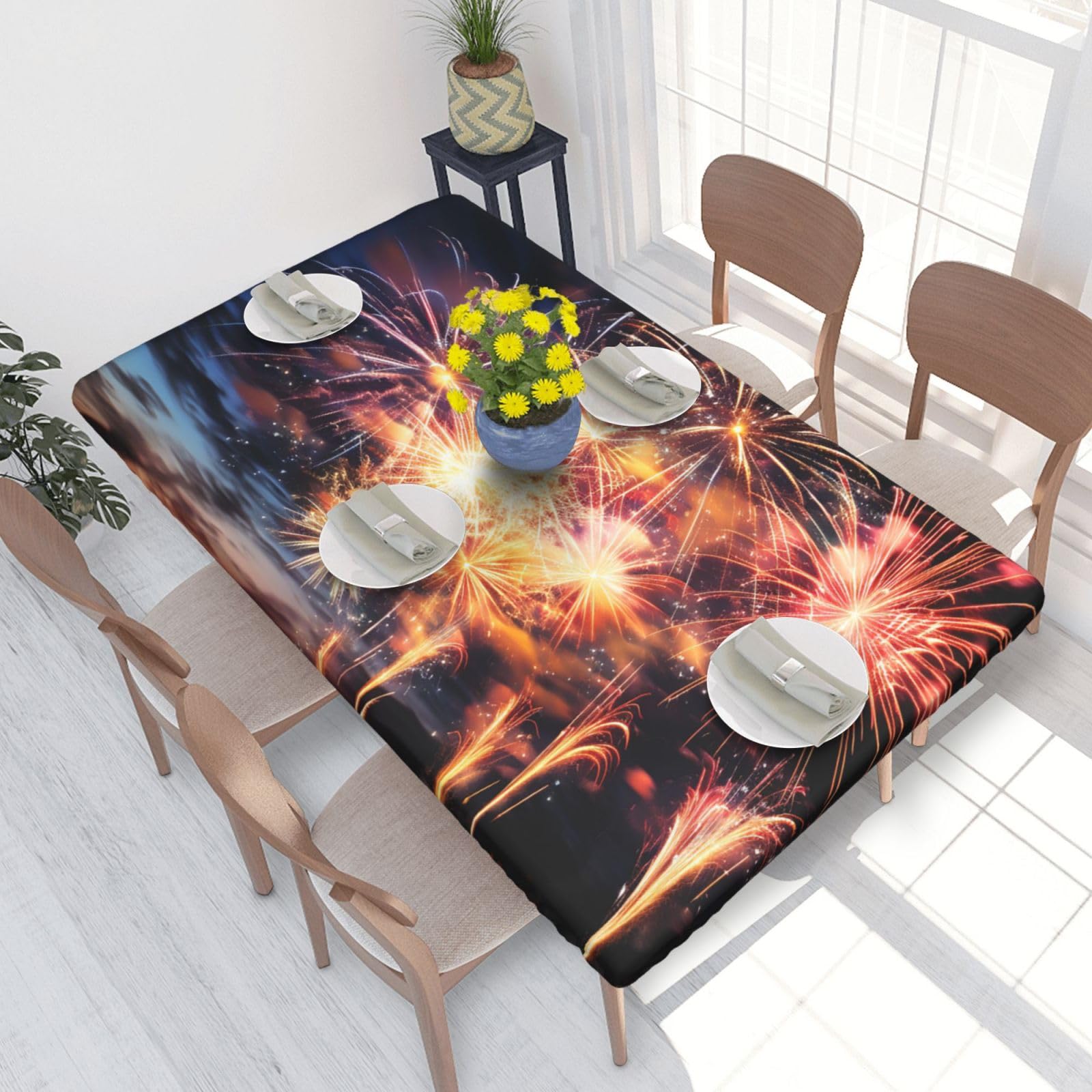 Beautiful Fireworks Waterproof Square Table Cover Elastic Fitted Tablecloth Oil Proof Table Protector For 4ft Table