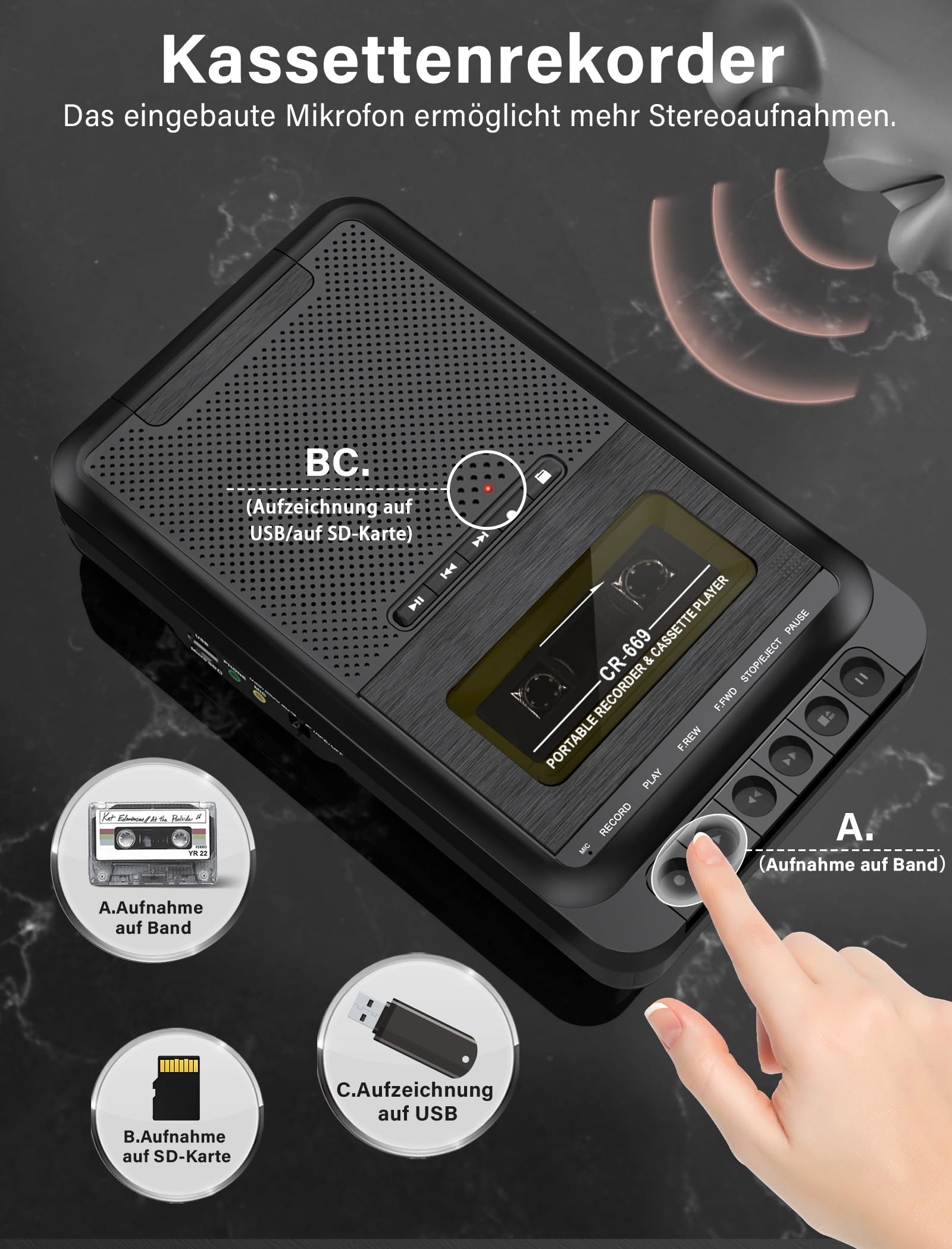 Tragbarer Kassettenspieler Orange | USB-C & Kopfhöreranschluss | Kassette Zu MP3 Konverter | Mit Schnellvorlauf