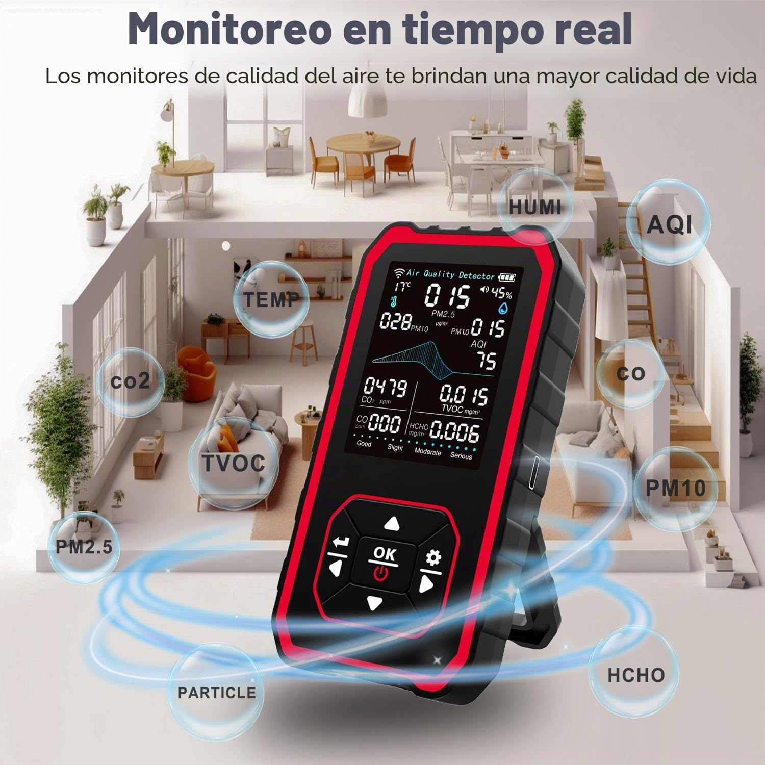 Detector de Calidad de Aire 10 en 1 para Interiores, Monitor Multifunción con Detección de PM2.5/PM10/CO2/HCHO/TVOC/AQI, Sensor de Temperatura y Humedad, Ideal para Hogar, Oficina, Viajes y Grow Tent