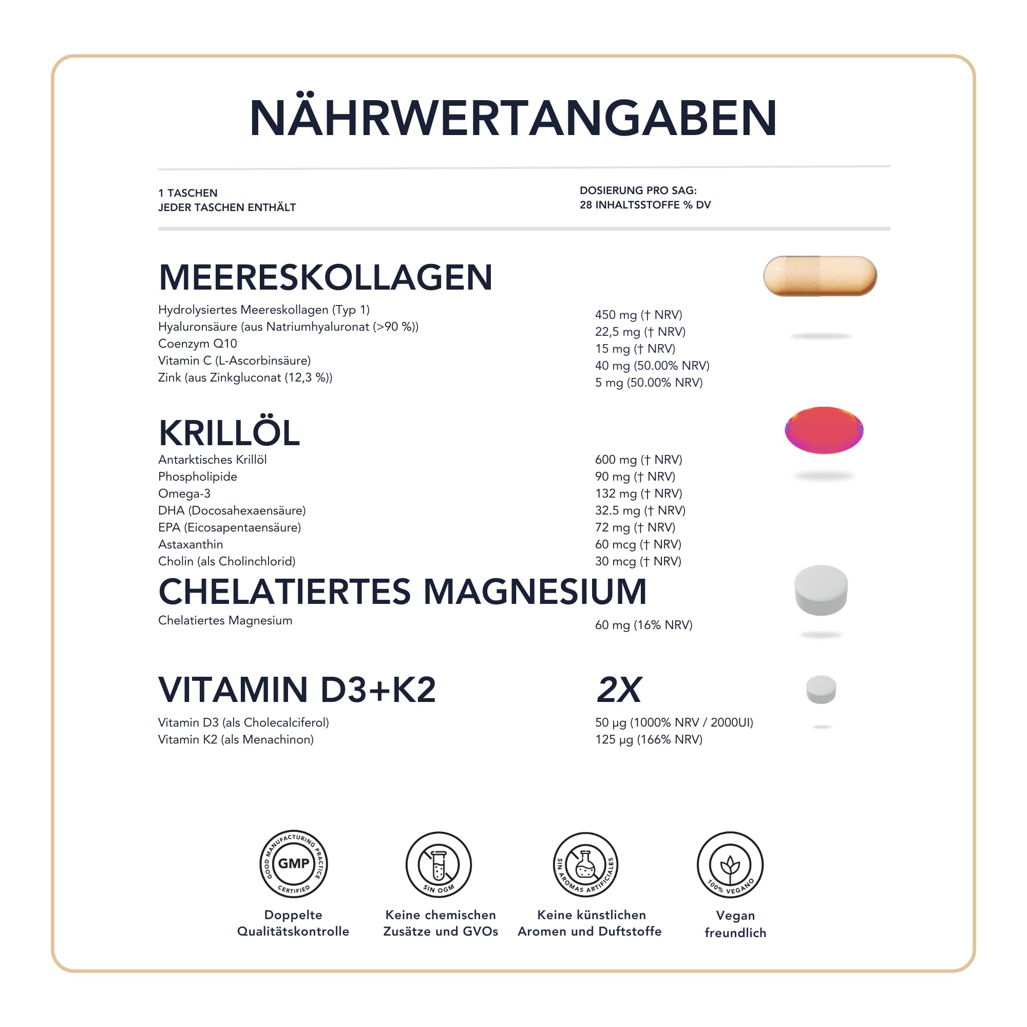 Omega 3 Krill, Magnesium, Vitamin D3 und K2, Meereskollagen mit Hyaluronsäure – SmartAbsorb™ | für Immunität, Energie und Knochengesundheit | 28 Tagesbeutel