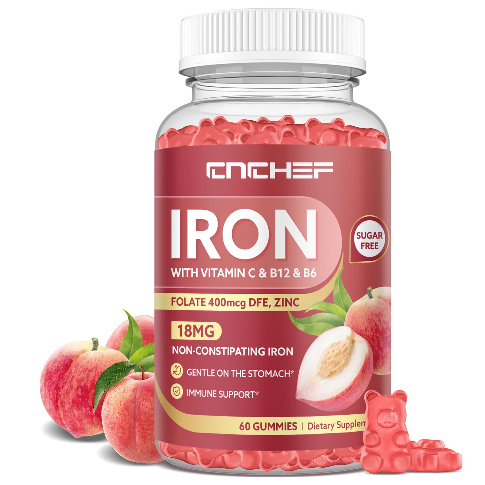 Iron Supplement for Women & Men Gummies, Multivitamin Blood Builder Iron Supplement with Folate Vitamin C B12 B6 Zinc for Adults & Kids - Energy Support - Peach Flavor, Vegan 60 Gummies Peach 60 Count (Pack of 1)