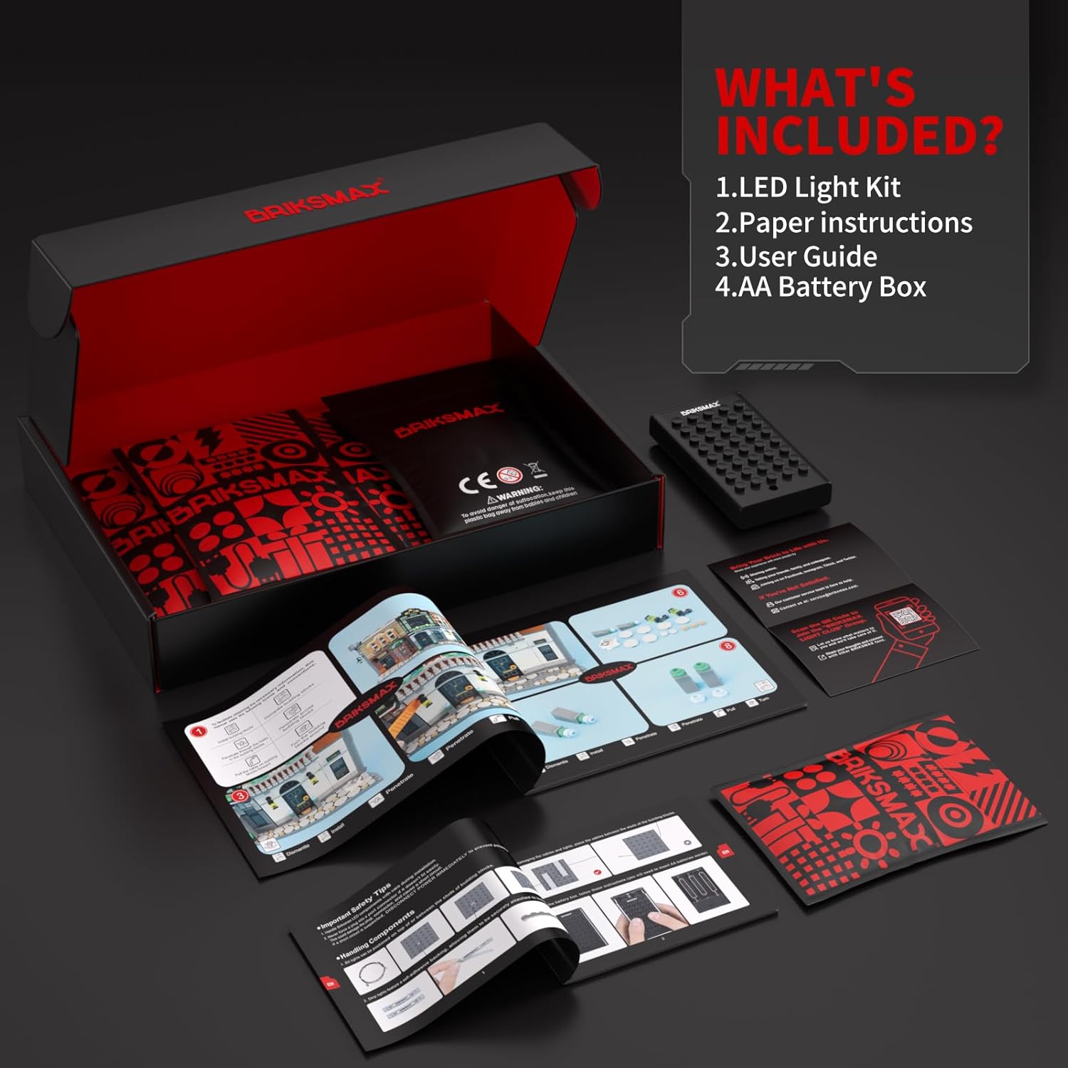 Contents of the BRIKSMAX LED Light Kit package, including LED lights, instructions, USB cable, and battery box.