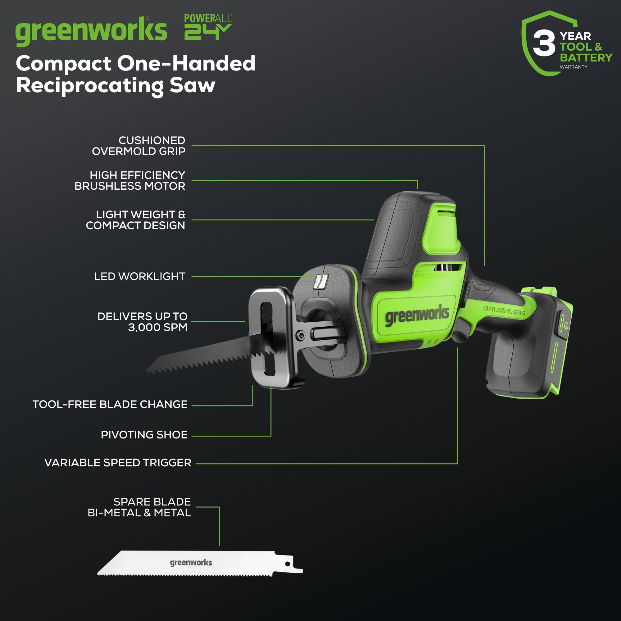 Greenworks 24V Brushless Compact One-Handed Reciprocating Saw (3,000 SPM), Cordless Powered Variable Speed Recip Saw, Battery Not Included