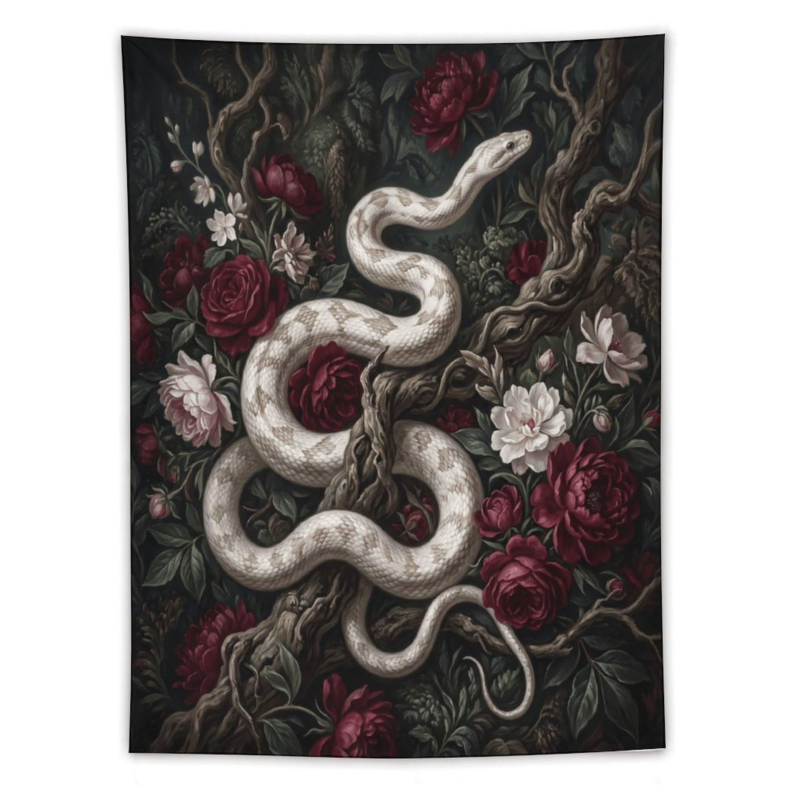H3B8U2Y5 White Snake Floral Garden Wall Tapestry, Curving Serpent