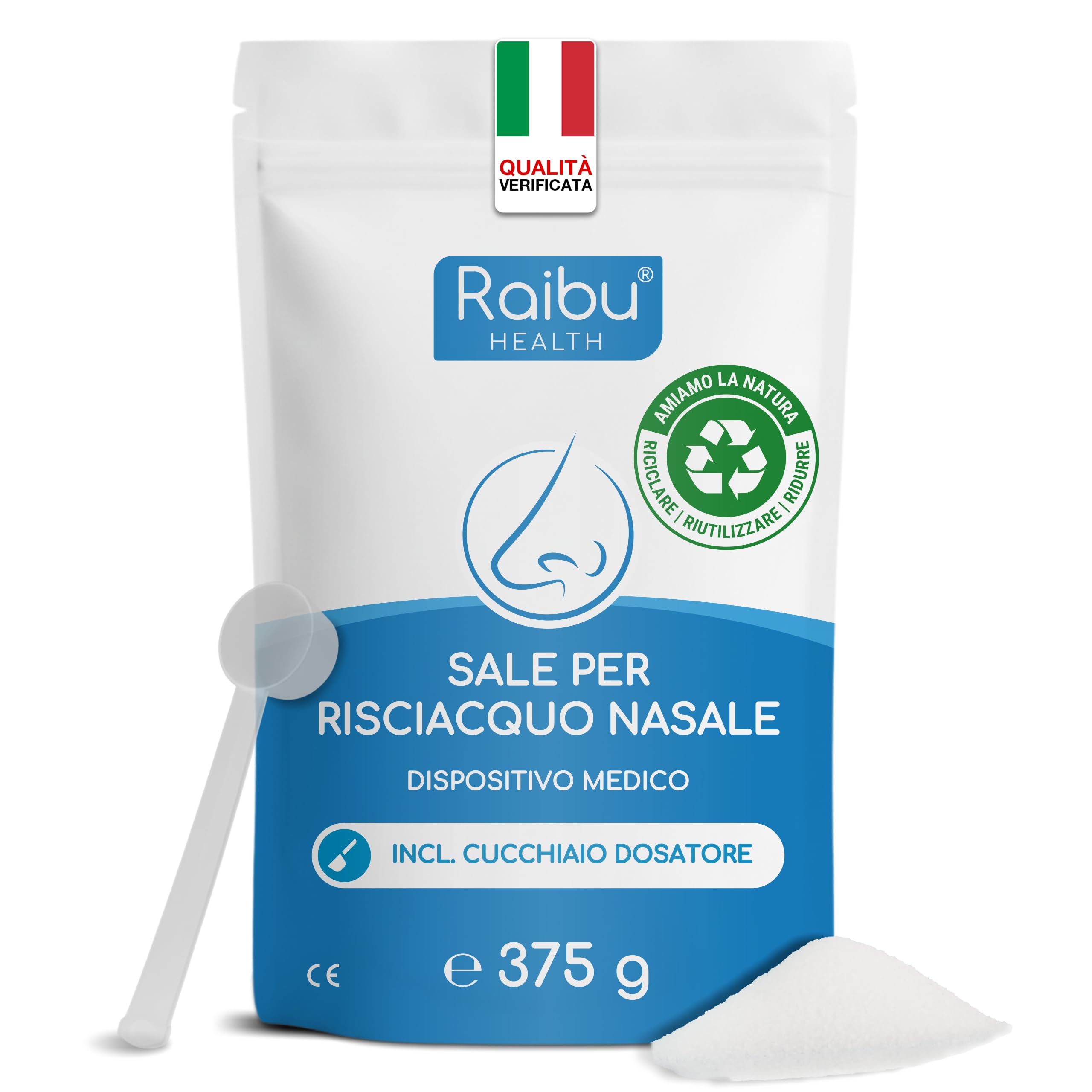 Raibu Fisiologico per Lavaggi Nasali - 150 Porzioni (XXL) I Con Misurino Dosatore I Sale Lavaggio Nasale, Irrigazione del Naso, Neti Lota