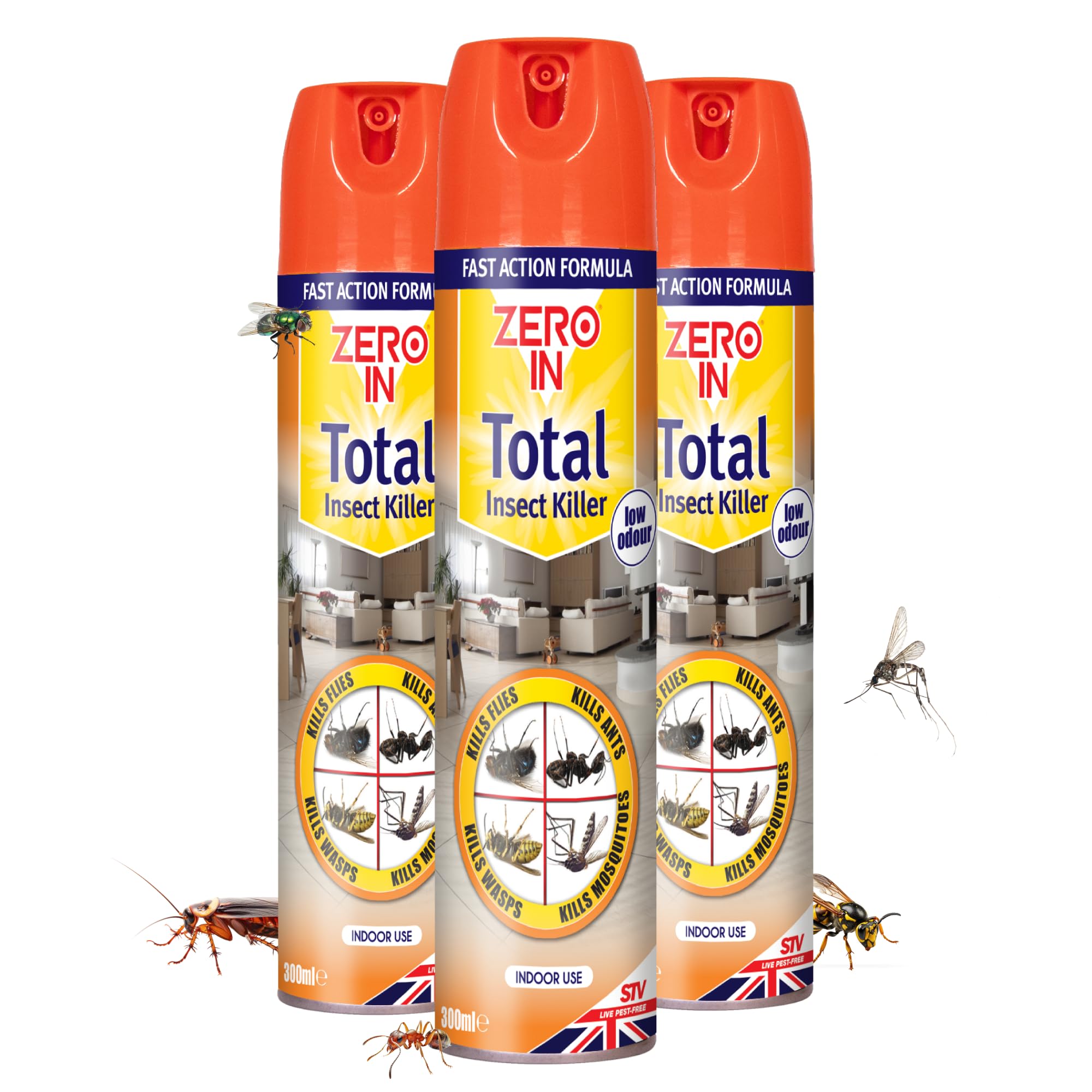 Zero In Total Indoor Insect Killer – Knockdown Action for Indoor Flying & Crawling Insects – Low Odour, Stain-Free Bug Spray - Suitable for Home Use - 300ml X3 Pack
