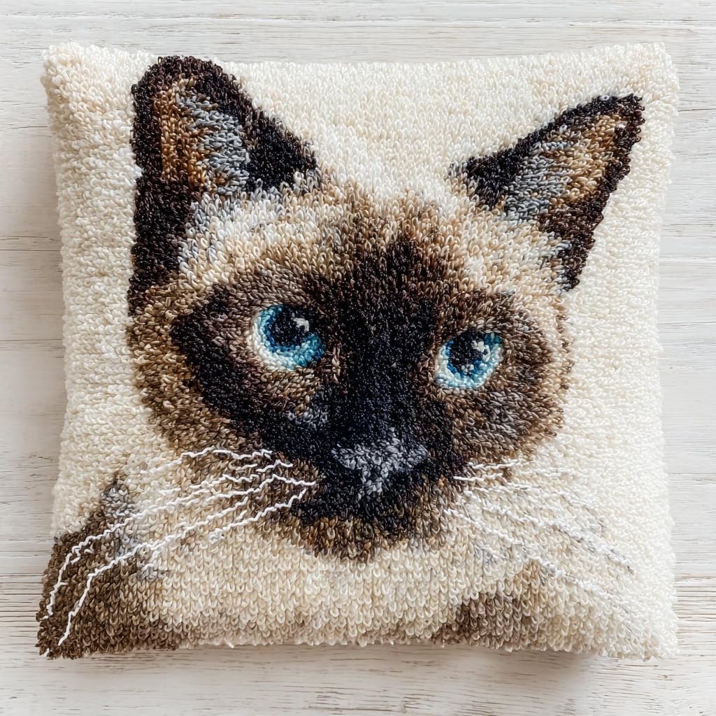 DIY Latch Hook Pillow Kit Cartoon Siamese Cat Portrait Easy for Beginners Color-Stamped Canvas Cushion 43x43cm Sofa Bedroom Decor Craft