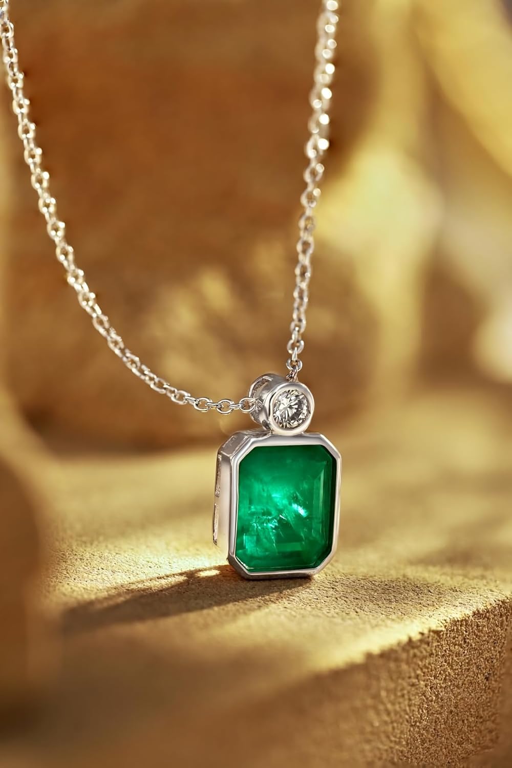 Emerald Necklaces for Women 18K White Gold Plated Silver Baguette Green Emerald Pendant Necklaces, May Birthstone 18+2" - Image 4