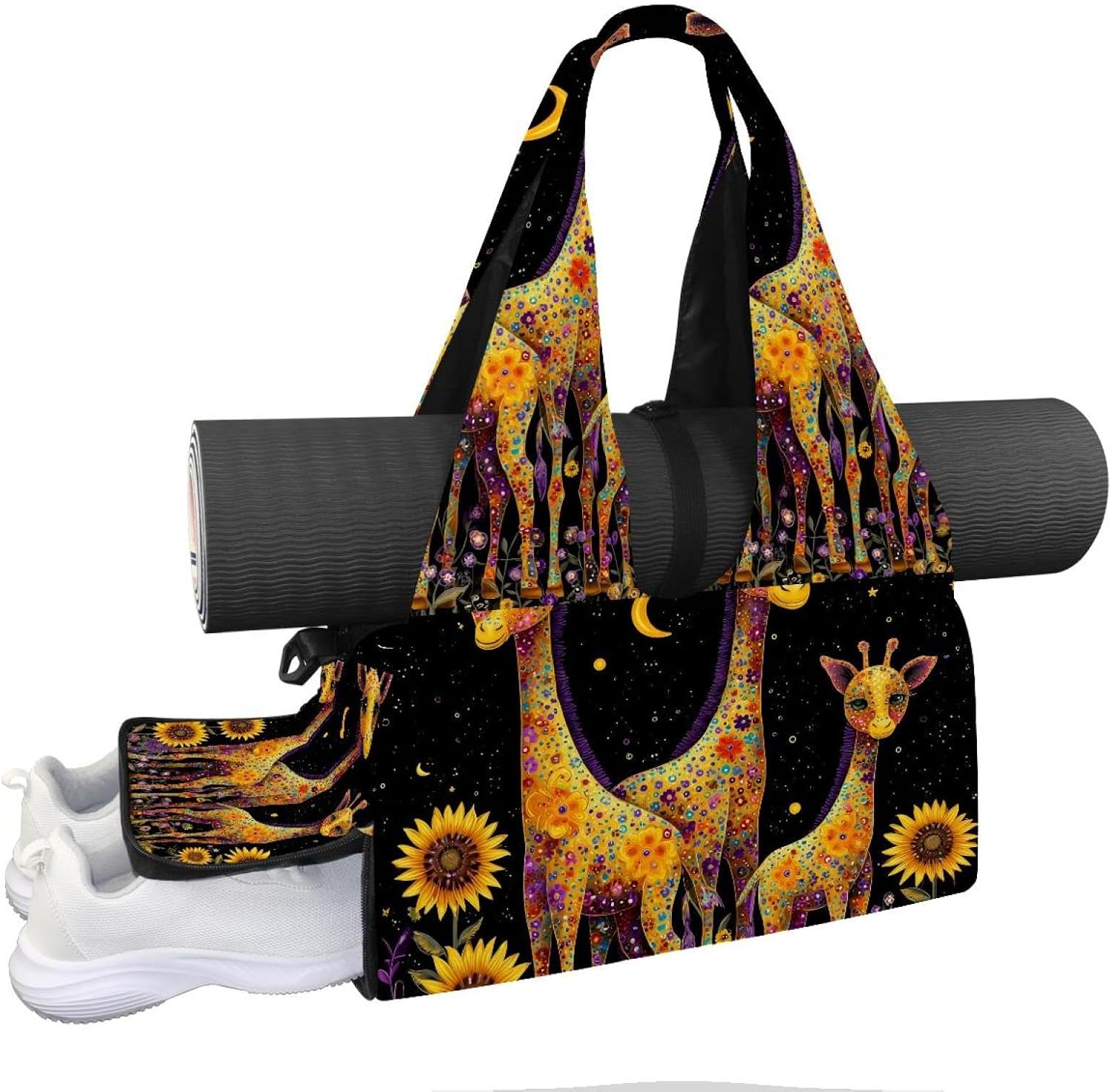 Yoga Mat Bag, Gym Workout Bag with Shoe Compartment, Elephant Sunflower Pilates Bag for Women, Quick Access Storage Yoga Tote Bag for Sports Travel Office