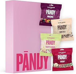 Pändy zuckerfreie Gummibärchen mit 100% Geschmack - 4x 50g (Winegums, Fluffy Clouds, Sour Cola & Cherry) - zuckerfreie Süssigkeiten (<1g Zucker) - glutenfreie Süßigkeiten ohne Zucker - low carb.