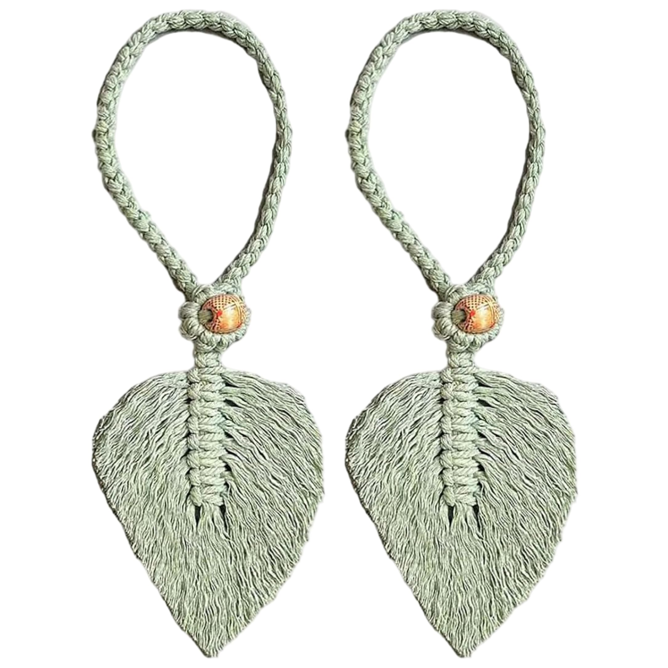 Bonalake 2-Pack Boho Curtain Tiebacks, Handwoven Leaf Curtain Holdbacks with Decorative Beads Tie Backs for Sheer Curtains (Green)