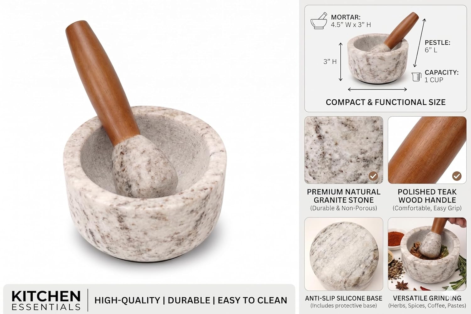 Granite Mortar and Pestle Set with Solid Wood Handle, Natural Granite Stone Grinder Bowl with Silicone Feet for Spices, Herbs, Garlic, Guacamole & Pesto, 4.5 Inch / 11.4 cm