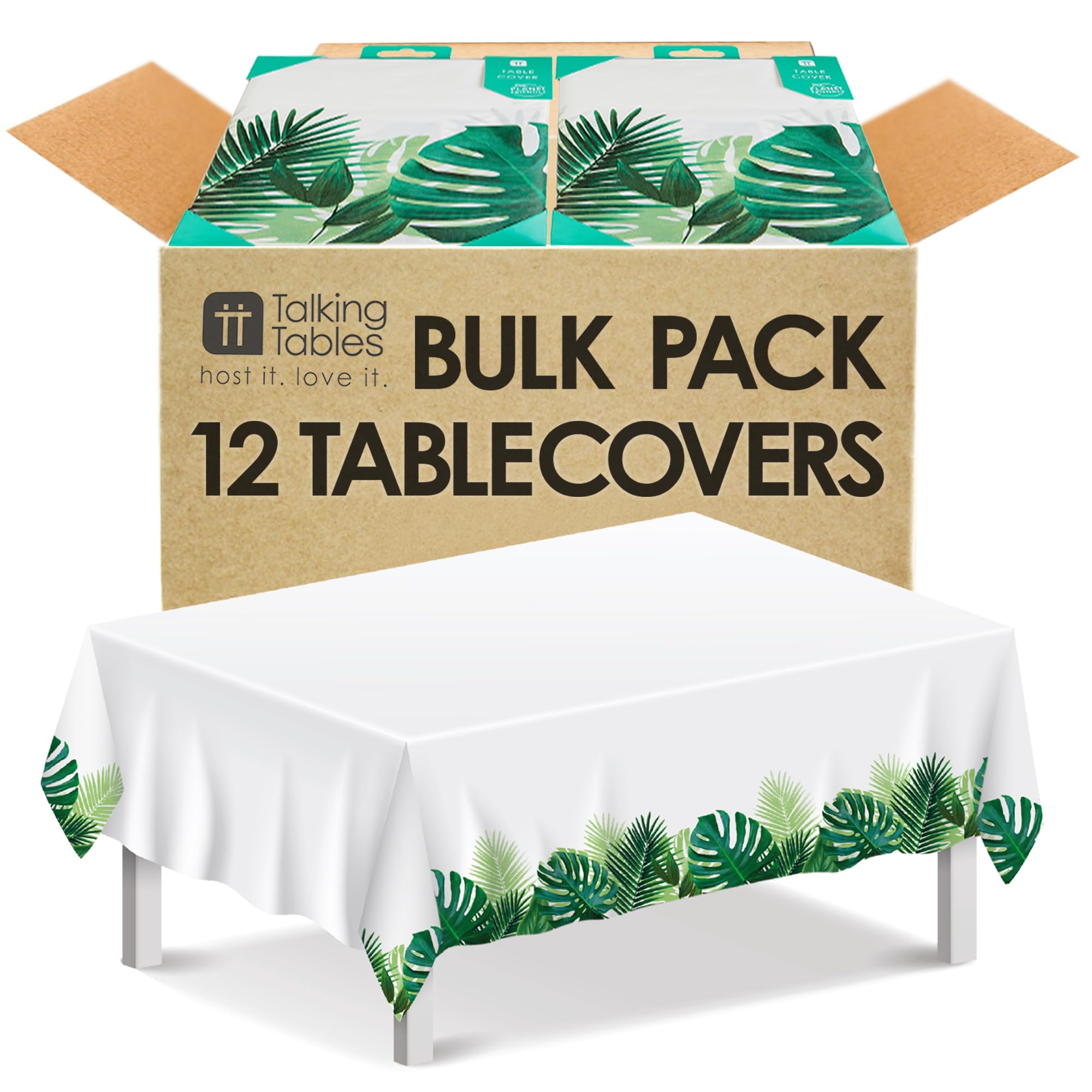 Talking Tables 12 X Tropical Palm Disposable Tablecover Paper Tablecloths for Kids Party, Jungle, Dinosaur or Hawaiian Theme, Summer Luau, Tiki Bar, Paper, Green Bulk Pack - Eco Packaging