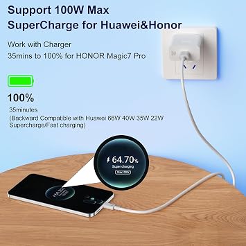 100W Fast Charger Adapter for Honor 200 400 Smart 600 Pro 90 Lite