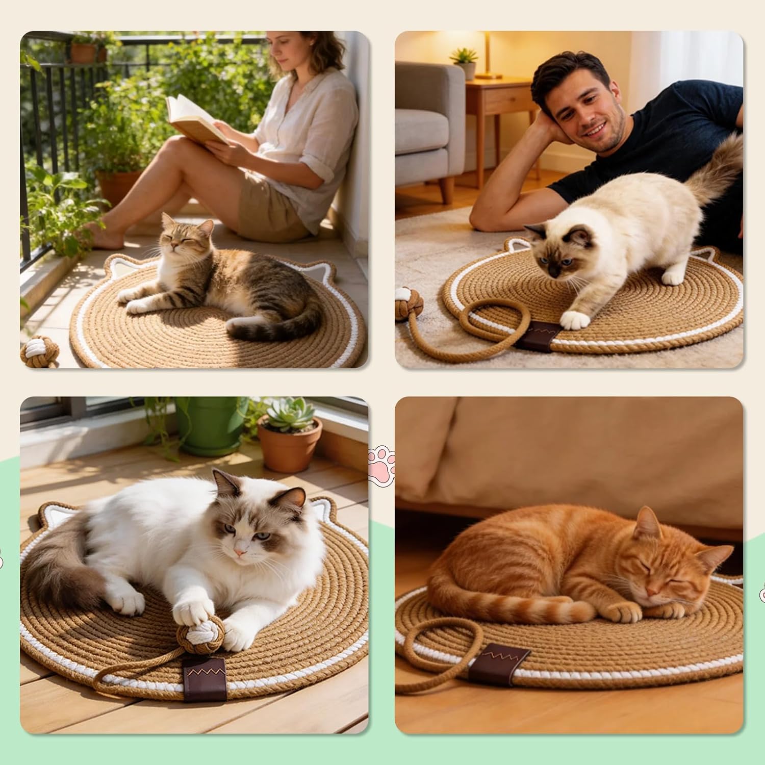Cat Scratcher Mat, Natural Cotton Rope Cat Scratch Pad, 16.54'' Round Horizontal Floor Cat Scratching Pads for Indoor Cats, Cat Furniture Protector for Wall, Couch, Carpets, Sofas (White, Large)