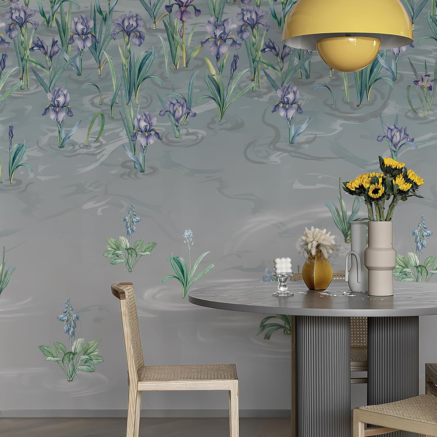 Large French Floral Wall Murals Peel and Stick Dusty Blue Irises Flower Wall Art (148" W x 110" H) Meadow Wildflowers Landscapes Murals Oil Painting Canvas Wall Decor for Bedroom Bathroom Living Room
