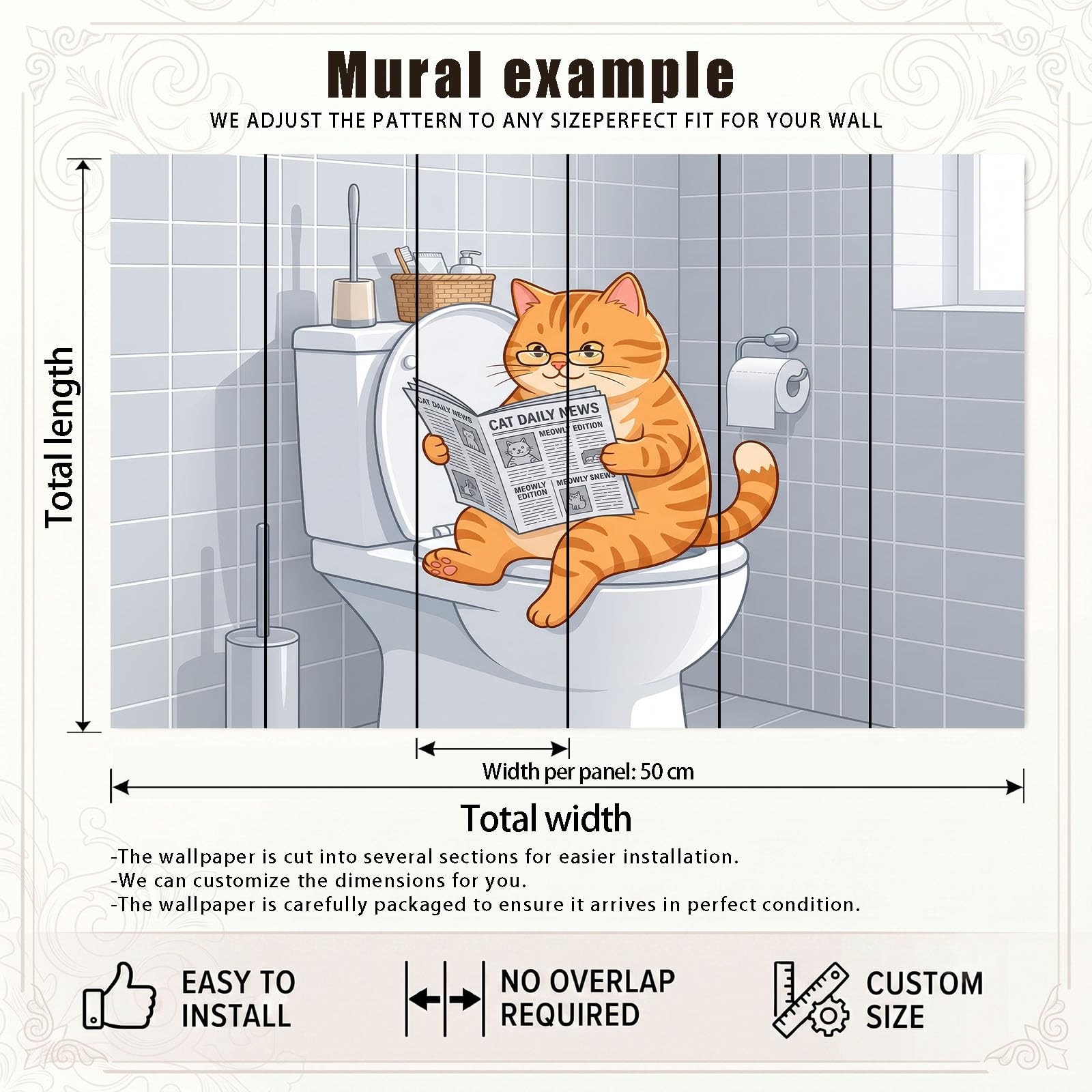 Papier Peint Panoramique 3D Gris Clair Dessin Animé Chat 300 x 210 cm