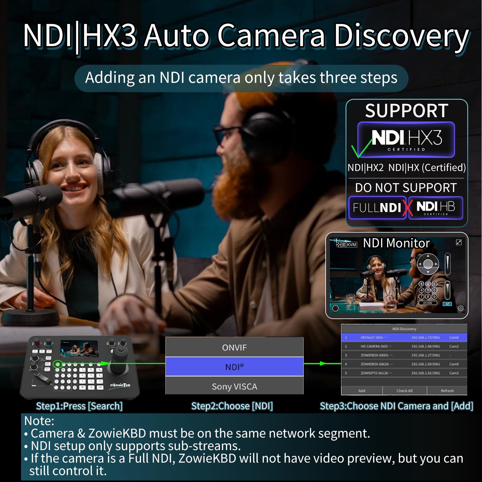 Zowietek Contrôleur PTZ NDI|HX3 avec joystick 7D, sortie HDMI, écran LCD 5" Quad-View, détection automatique des caméras