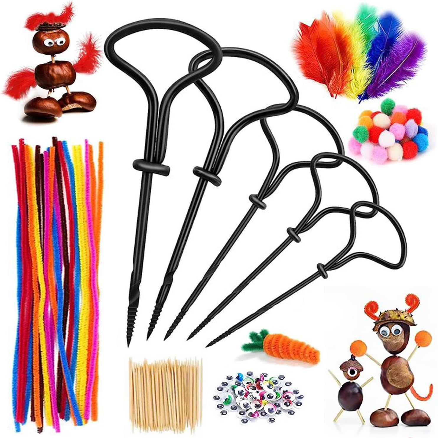 Kastanienbohrer Set 257-teilig - Bastelset Für Herbstdekoration Mit Federn, Wackelaugen Und Pompons