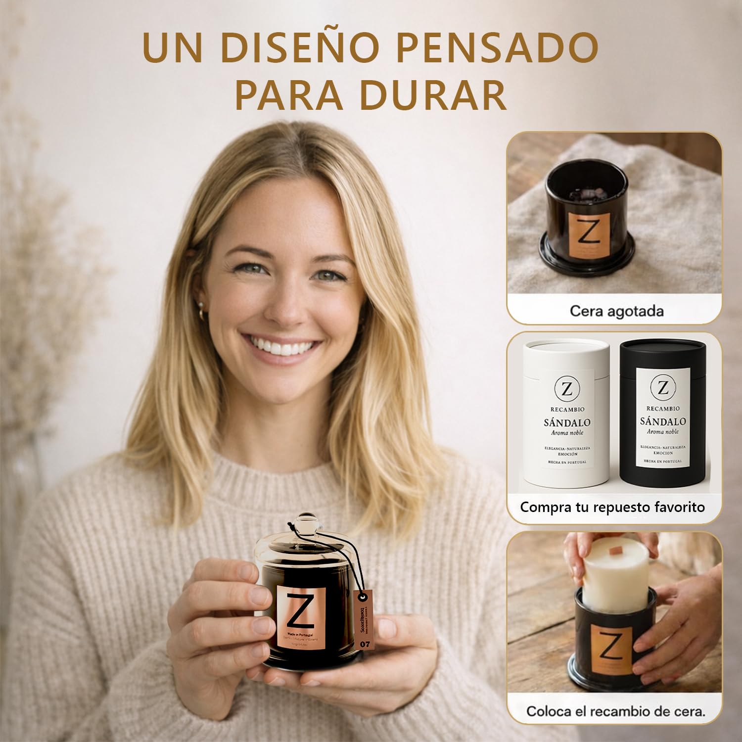 Velas Aromáticas de Soja y Fragancias IFRA | Regalos Originales para Mujer Hechas en Europa | Velas Decorativas para Ritual de Calma y Autocuidado Zaikux® (Sándalo)