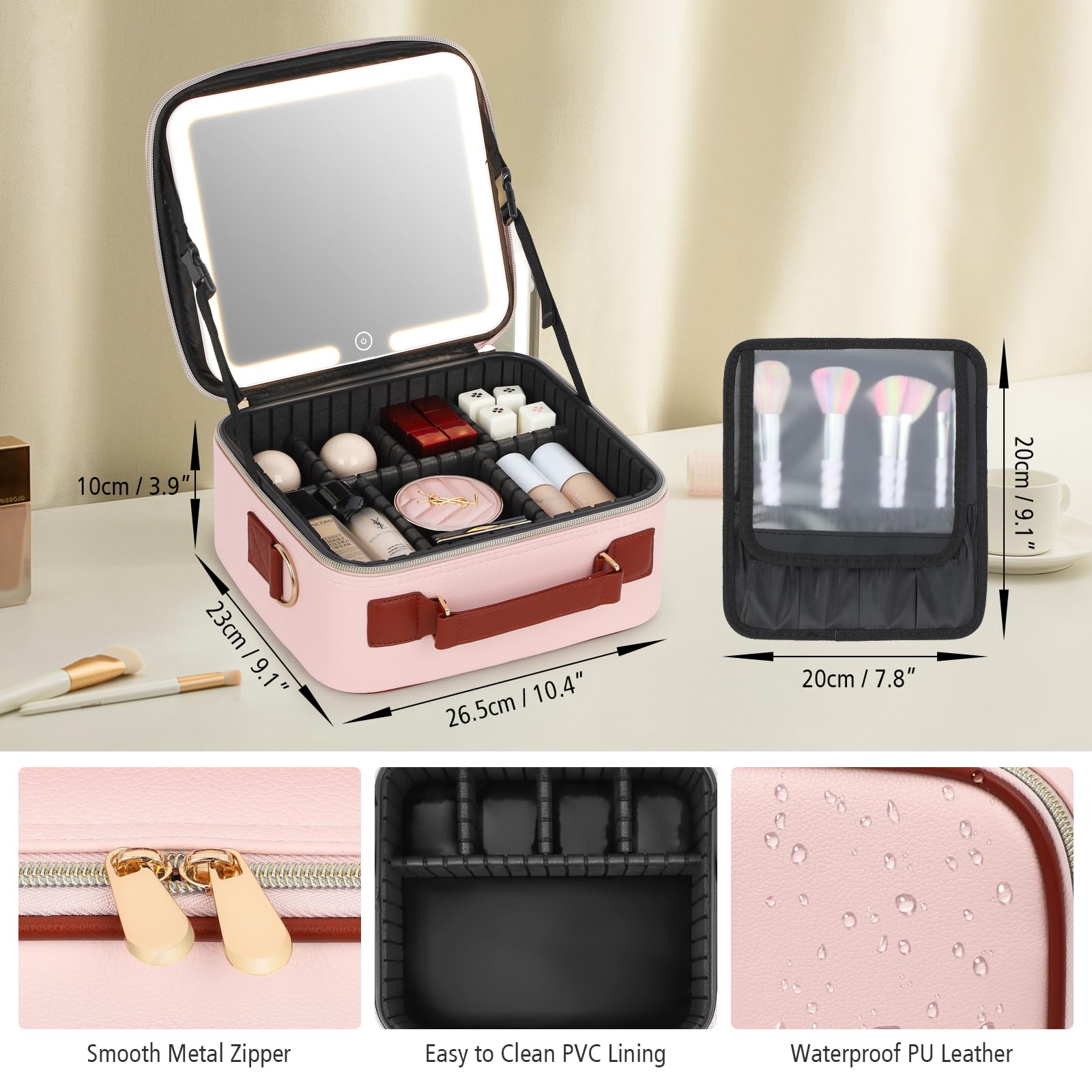 Aiborke Travel Makeup Bag with Led Mirror Make up Case with Lighted Mirror Cosmetic Organizer bag with Adjustable Dividers and 5X Magnifying Mirror Makeup Box Vanity Case for Women Pink+Brown - Image 3