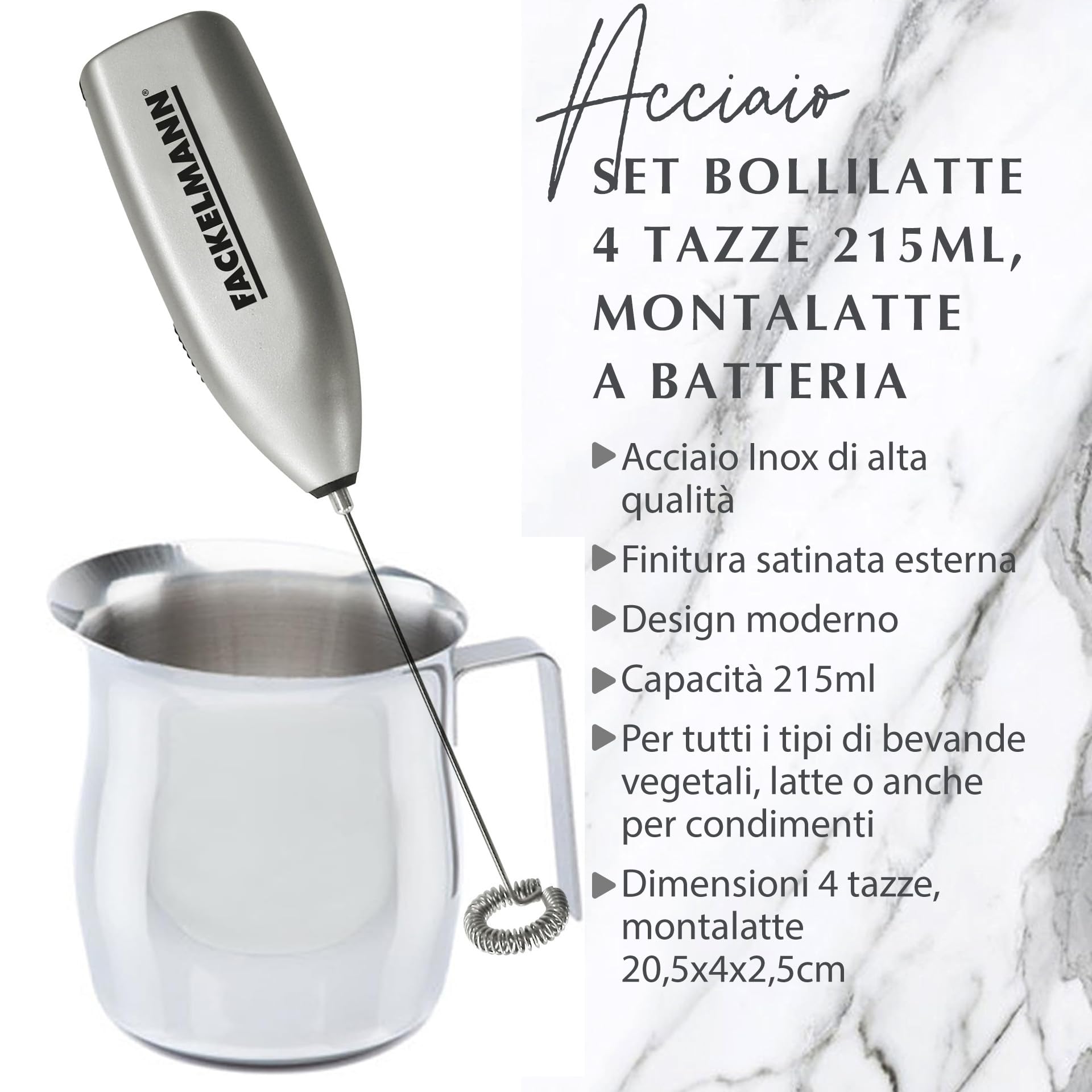 Fackelmann Set Montalatte Portatile e Bollilatte in Acciaio Inox 215ml, Frullino Montacappuccino a Batteria con Frusta Inox per Bevande e Latte Caldo, Versalatte Lavabile in Lavastoviglie